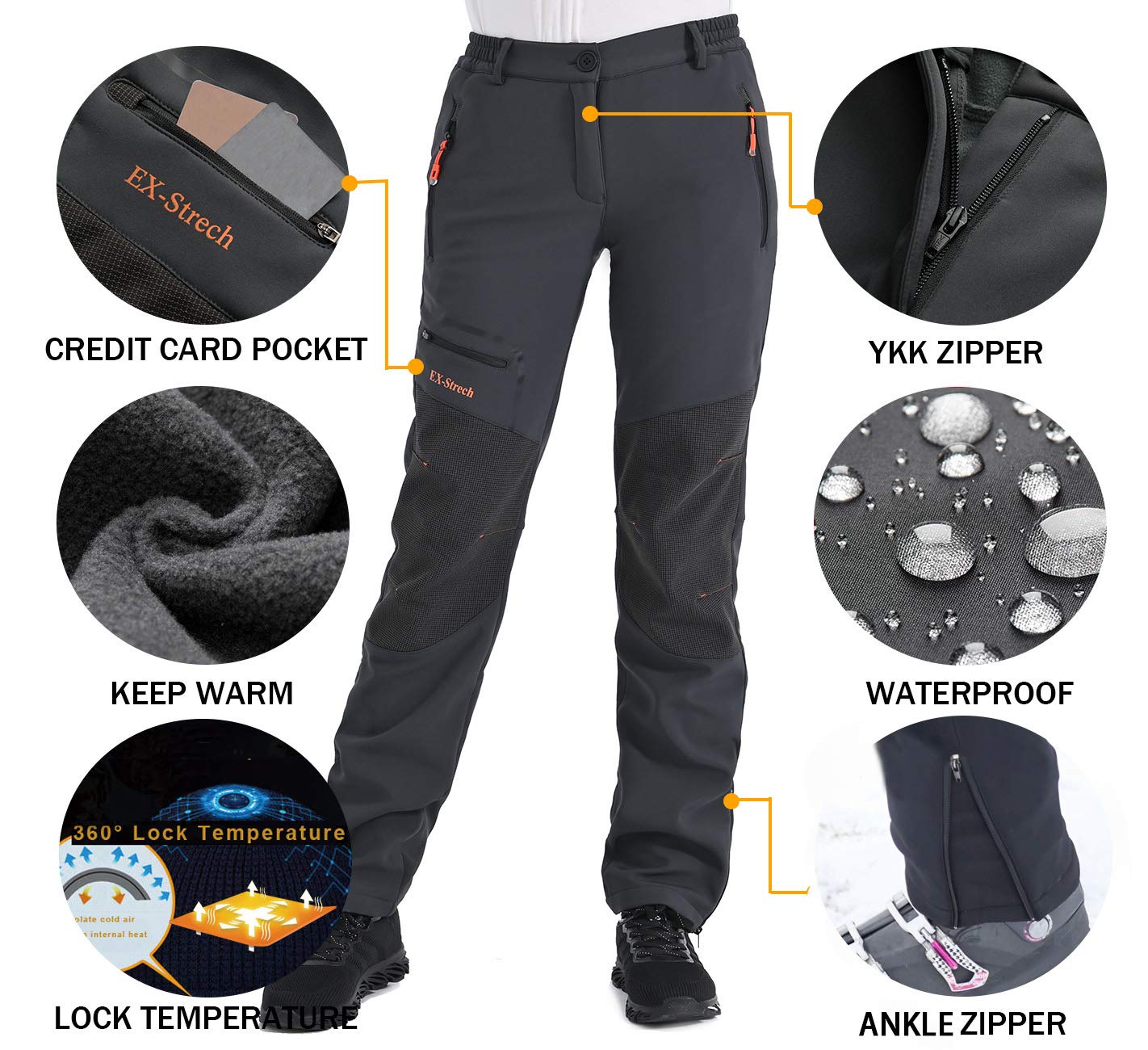 Postropaky Womens Outdoor Snow Ski Pants Waterproof Hiking Insulated Softshell Pants Snowboard Zipper Bottom Leg(313Grey6R)