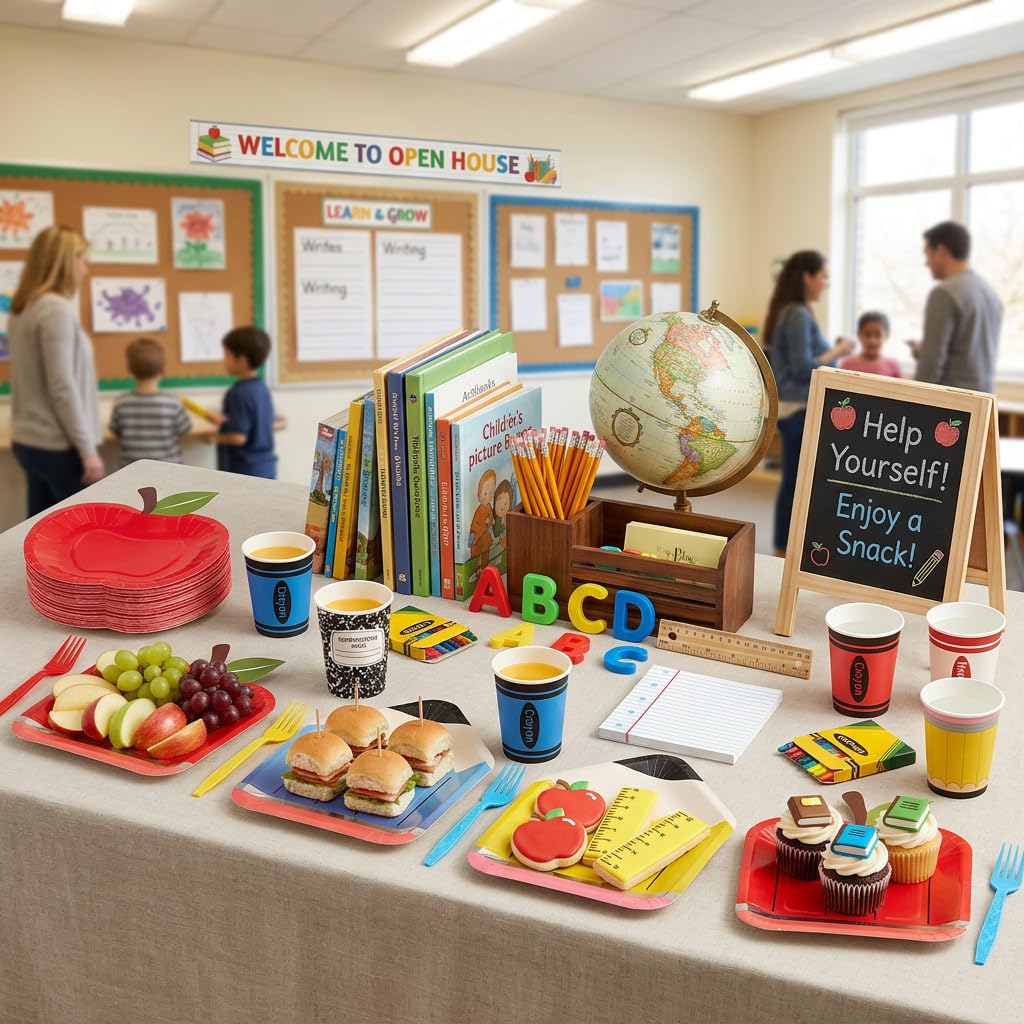 120 PCS Back to School Party Supplies, School Paper Plates and Napkins Set for 24 Guests, Pencil Shaped Plates, Composition Book & Notebook Napkins, 9 oz Cups, Forks, Classroom First Day of School