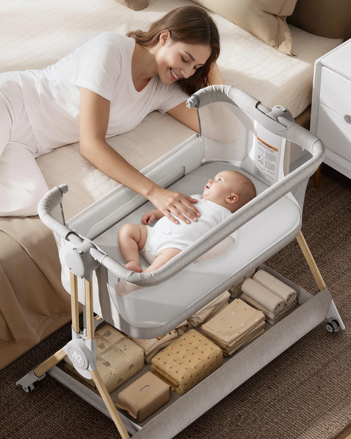 ANGELBLISS Baby Bassinet, 3-in-1 Bedside Bassinet for Baby, One-Touch Foldable Baby Crib for Newborn with Full-Mesh Sides & Adjustable Height, Mattress & Storage Bag