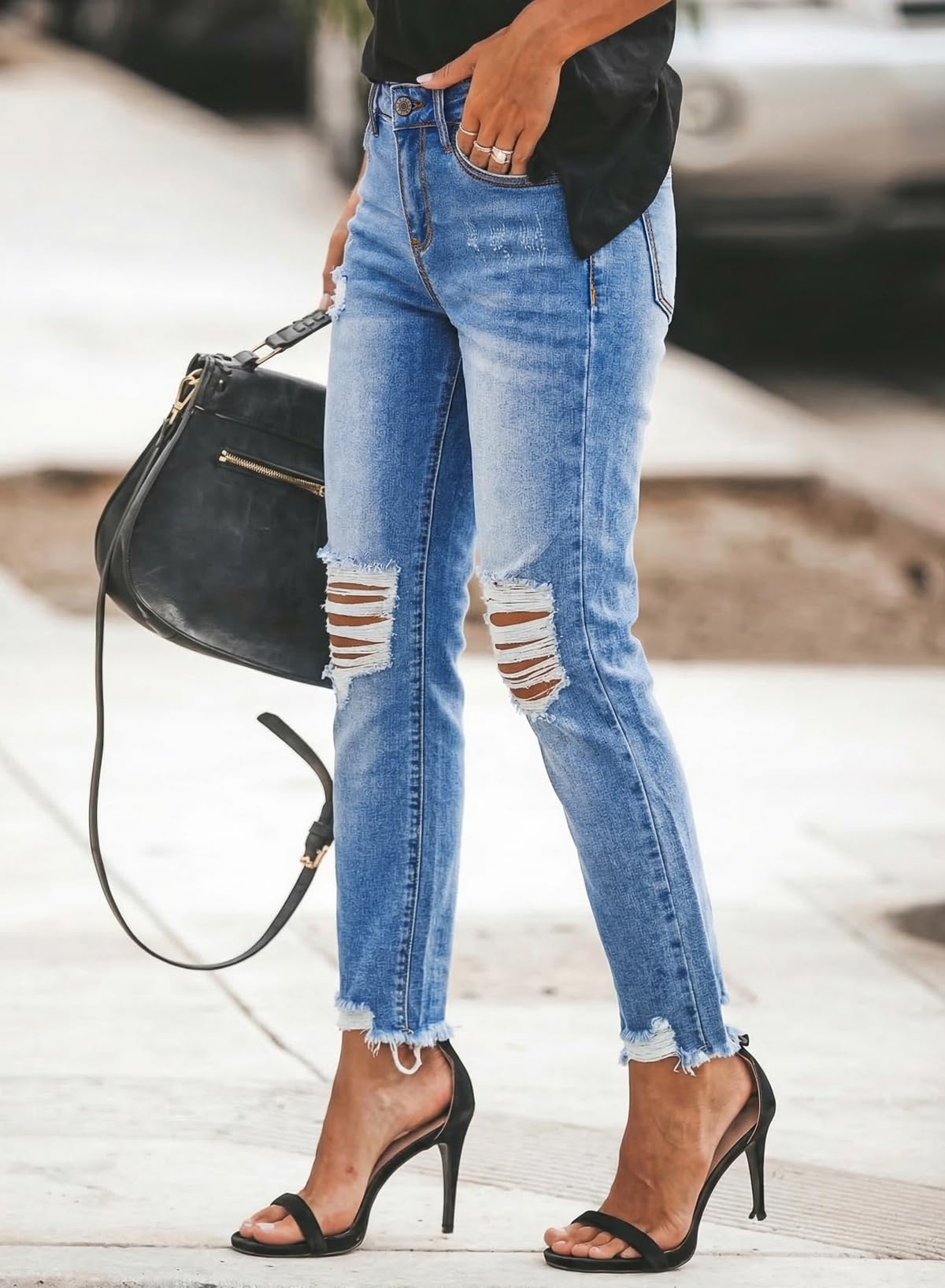 Sidefeel Women's Ripped Distressed Jeans Zimbaplatinum Stretchy Loose Boyfriend Denim Pants Size 18 Sky Blue