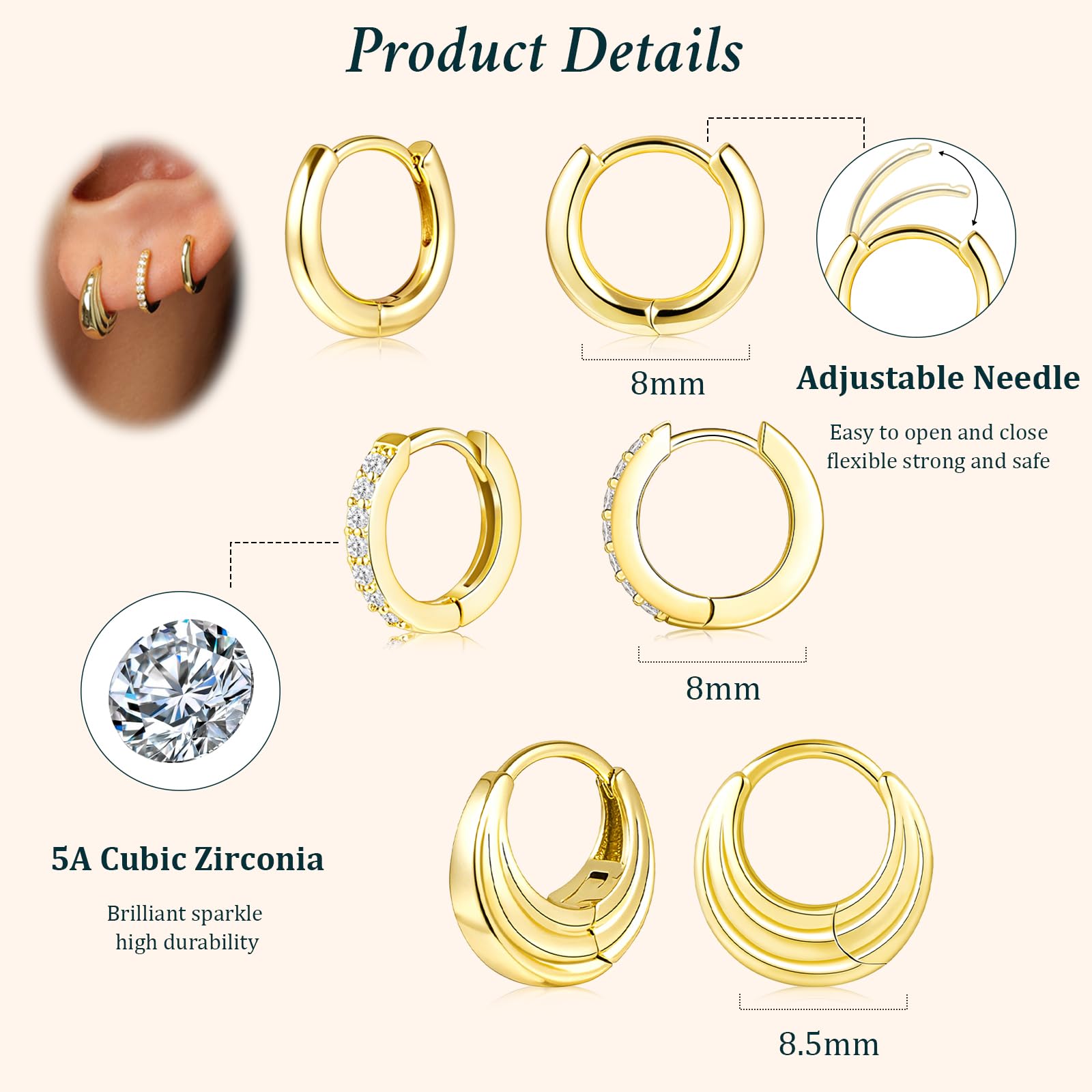 Poxtex Small 14K Gold Plated Huggie Hoop Earrings Set for Women, Hypoallergenic Trendy Hoops Stacks for Multiple Piercings, Dainty Cute Mini Lightweight Cartilage Helix Jewelry Gift Sensitive Ears
