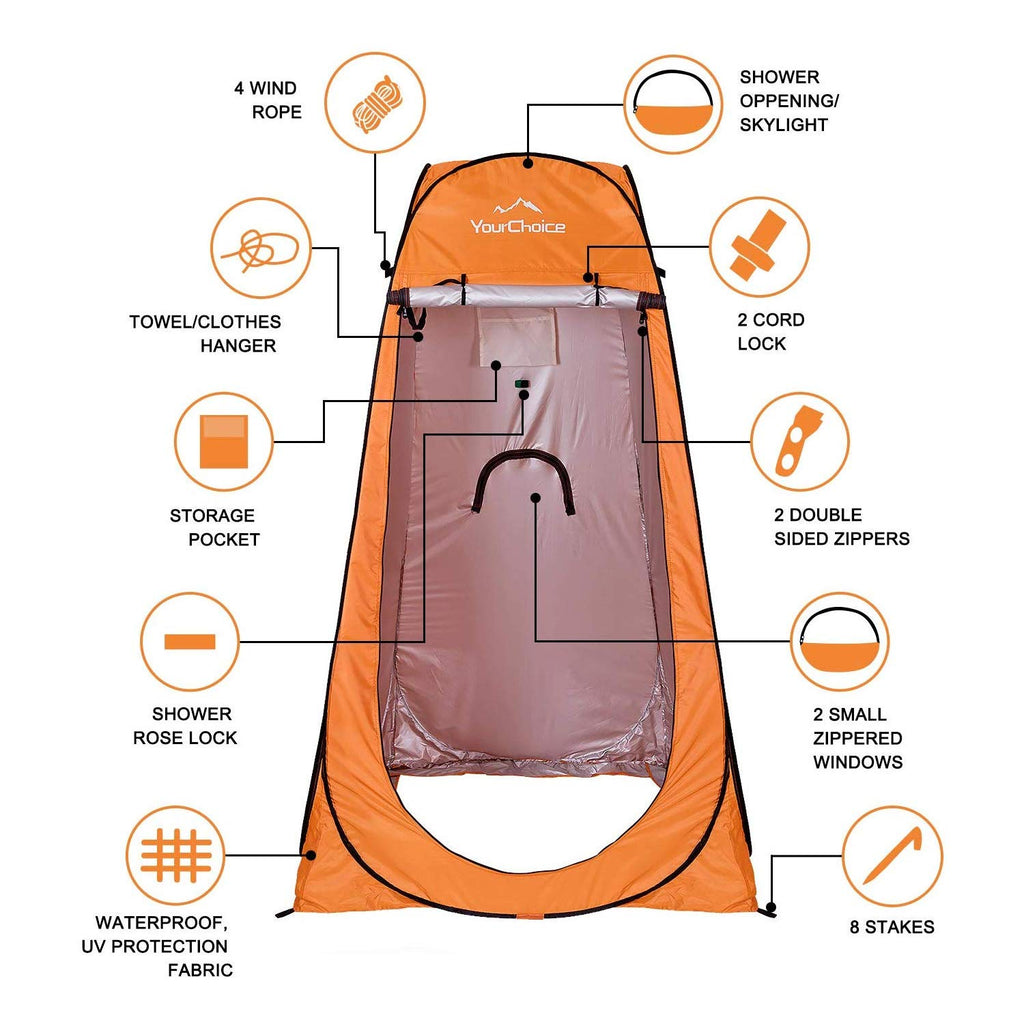 Your Choice Pop Up Privacy Tent, 3.9x3.9x6.2FT Portable Shower Tent for Camping, Waterproof Outdoor Changing Room with Carry Bag for Beach Hiking RV Fishing - Orange