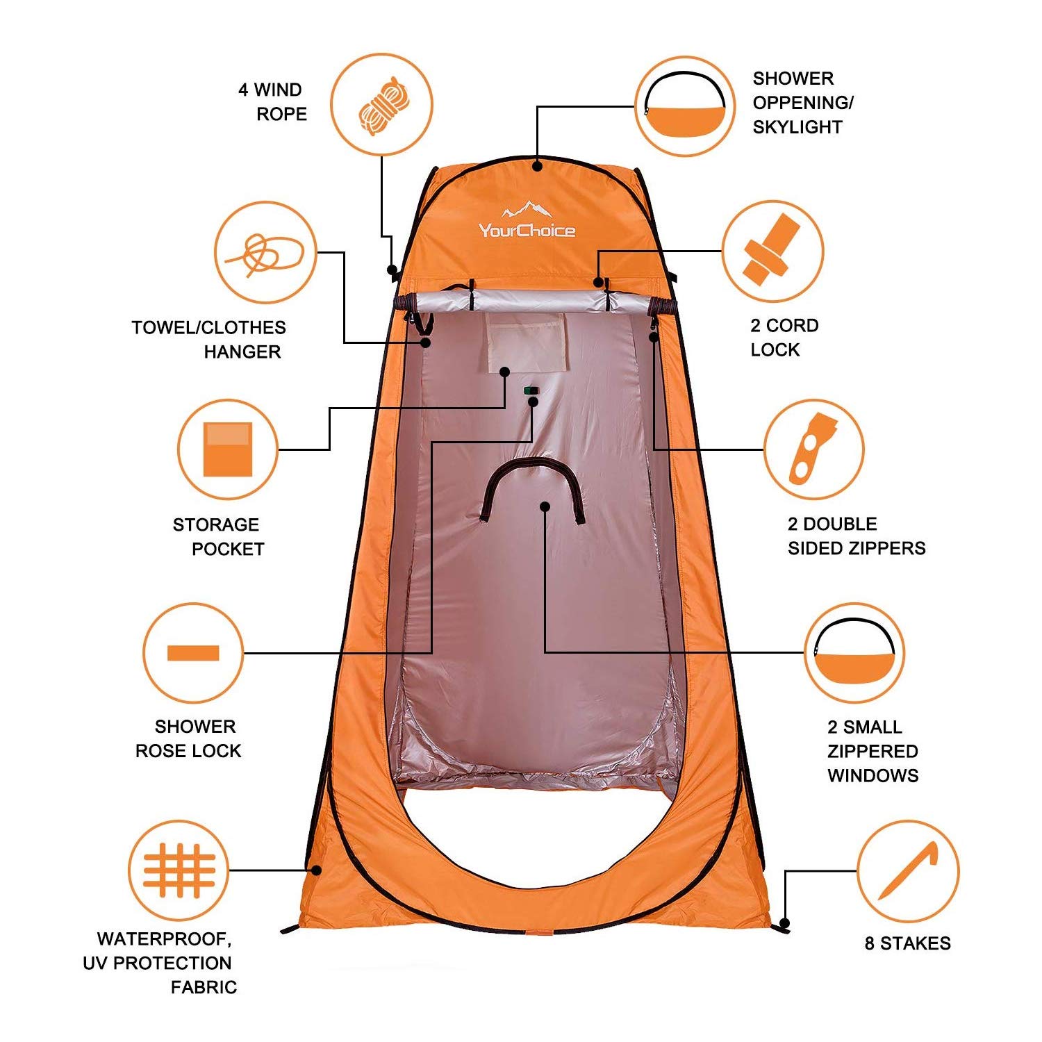 Your Choice Pop Up Privacy Tent, 3.9x3.9x6.2FT Portable Shower Tent for Camping, Waterproof Outdoor Changing Room with Carry Bag for Beach Hiking RV Fishing - Orange