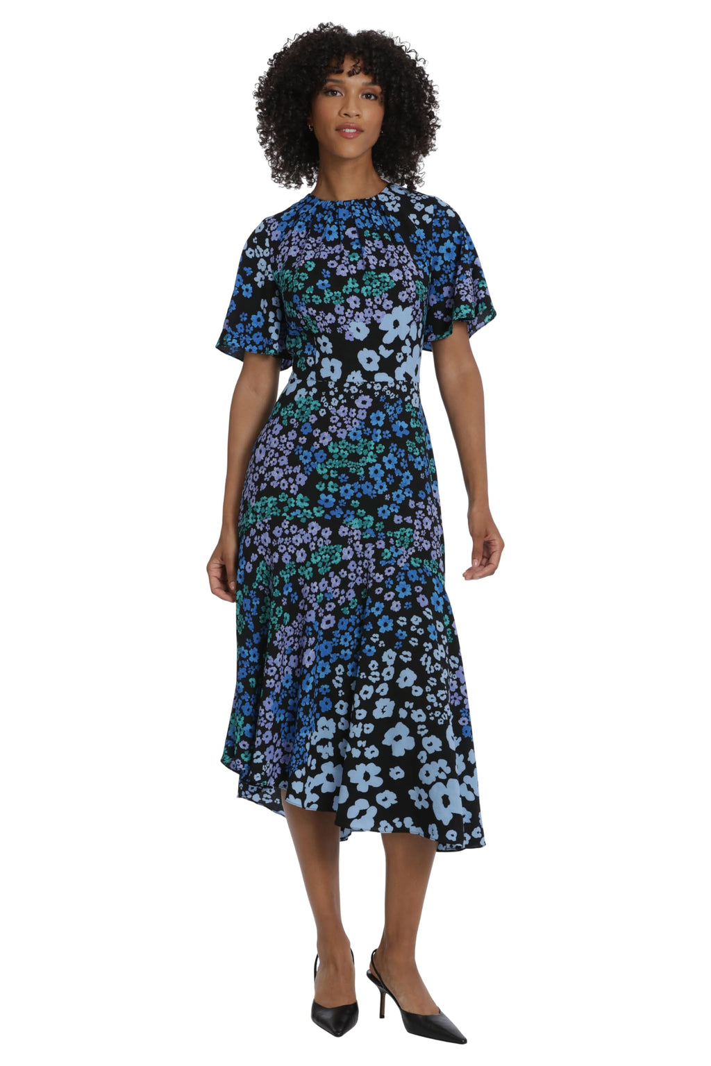 Maggy London Women's Dresses Short Flutter Sleeve Fit and Flare Dress with Asymmetric Hem Tier