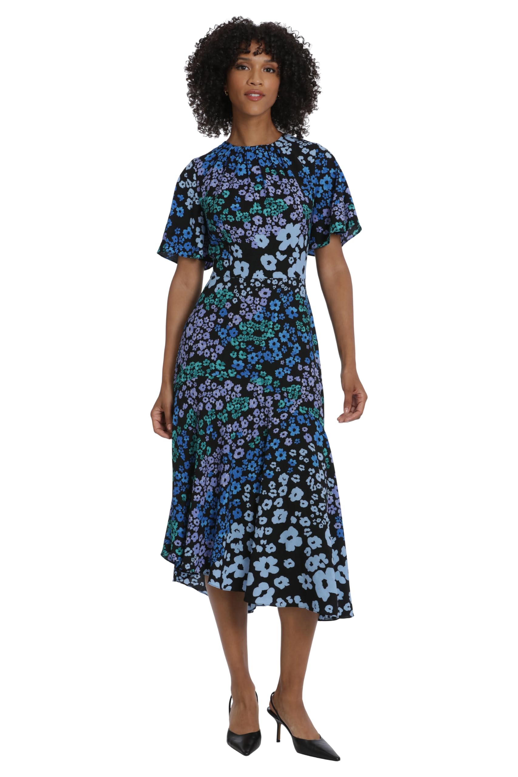 Maggy London Women's Dresses Short Flutter Sleeve Fit and Flare Dress with Asymmetric Hem Tier