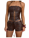 WDIRARA Women's PU Leather Lace Up Halter Top Vintage Western Sleeveless Backless Camisole Tops Coffee Brown Medium