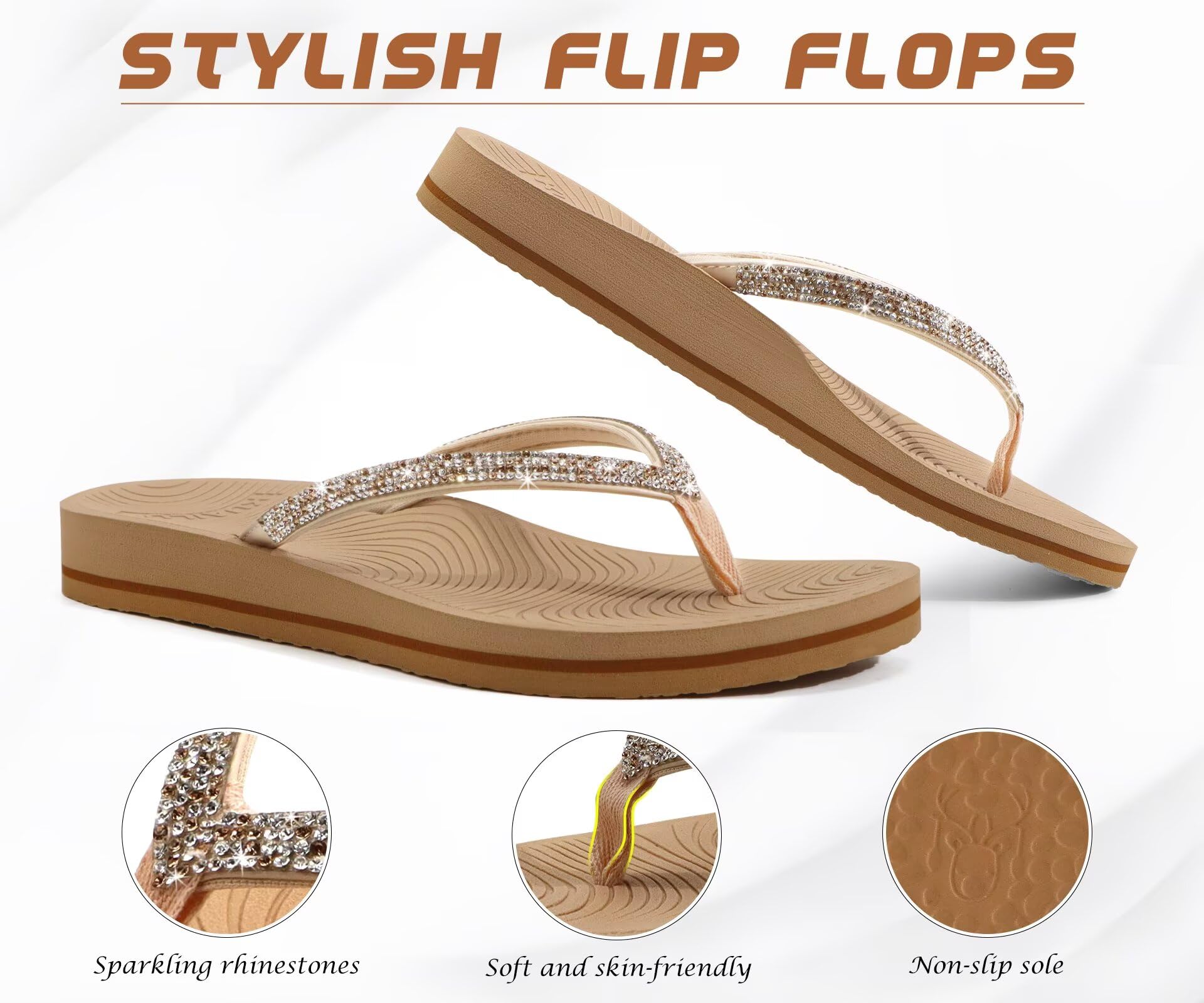 KuaiLu Women's Rhinestone Flip Flops with Comfort Arch Support Yoga Mat Cushion Sandals Fashion Summer Beach Travel Walking Thong Orthopedic Sandles Slip on Plantar Fasciitis Beige 6