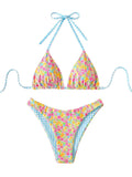 WDIRARA Women's 2 Piece Floral Striped Bikini Set Halter String Thong Swimsuit High Cut Bathing Suit Orange Blue Small