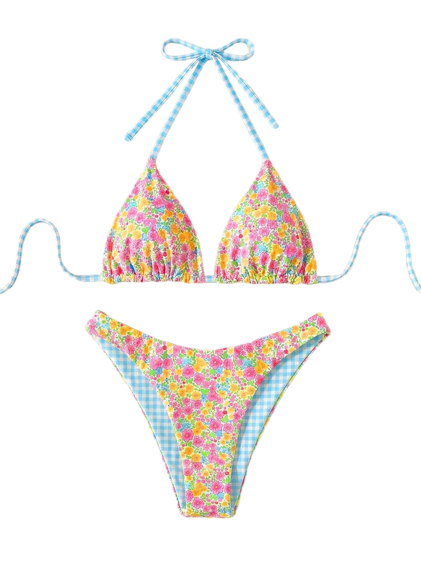WDIRARA Women's 2 Piece Floral Striped Bikini Set Halter String Thong Swimsuit High Cut Bathing Suit Orange Blue Small
