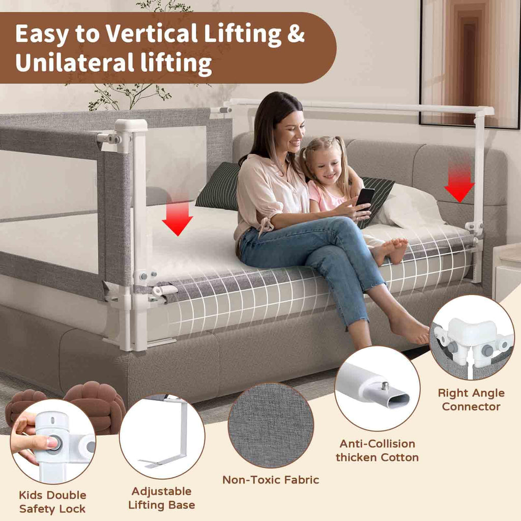 PurePapoose 3-Piece King Size Bed Rail for Toddlers - Height Adjustable Baby Bed Rail Guard with Headboard Rod,Safety Bed Rails for King Size Bed with Child Lock(78.74x78.74x74.8 Inch)
