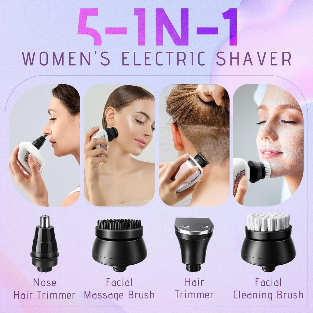 Wyklaus Electric Razors for Women Legs: 5-in-1 Rechargeable Body Shaver - Waterproof Wet Dry Hair Remover - Trimmer for Lady Face Underarms Public