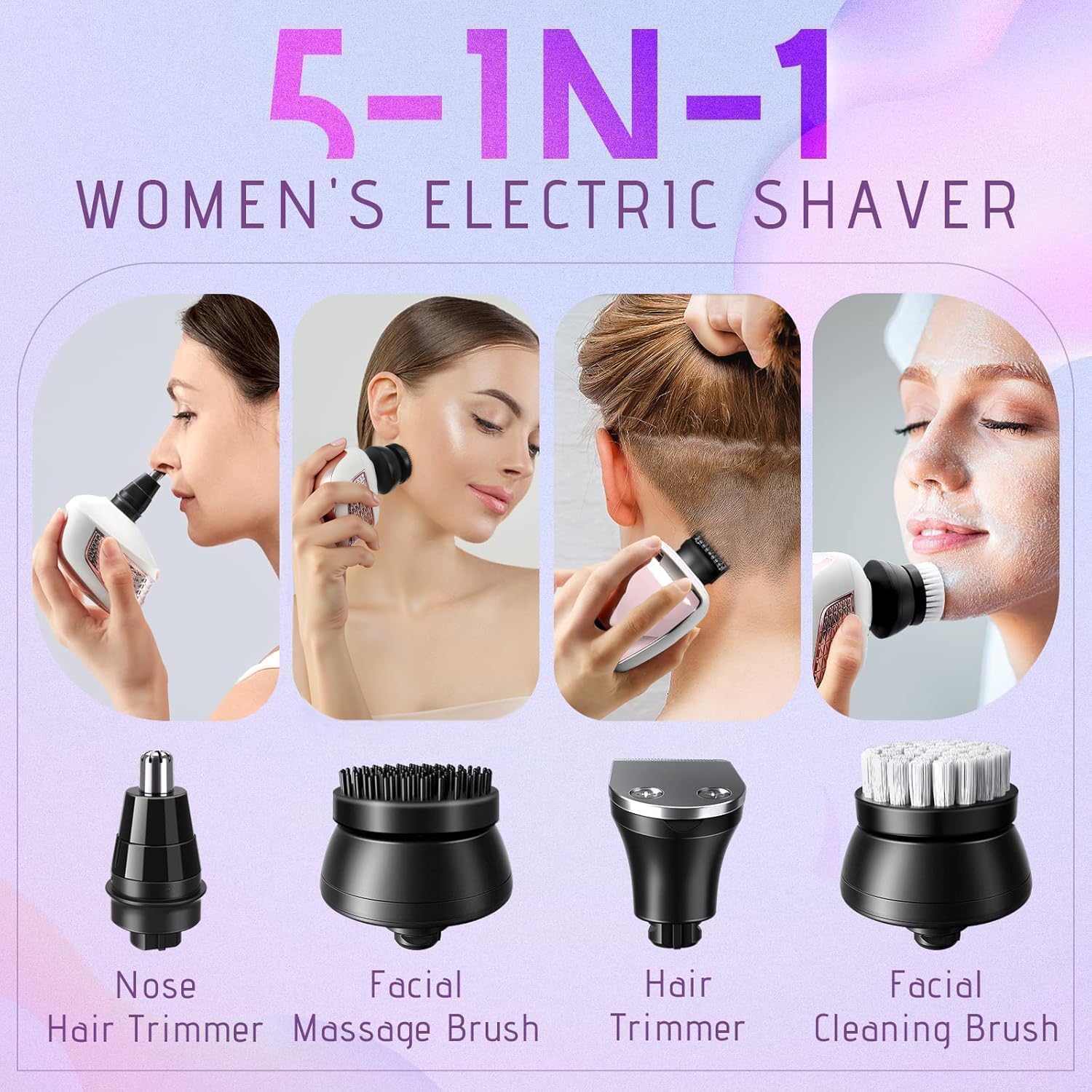 Wyklaus Electric Razors for Women Legs: 5-in-1 Rechargeable Body Shaver - Waterproof Wet Dry Hair Remover - Trimmer for Lady Face Underarms Public