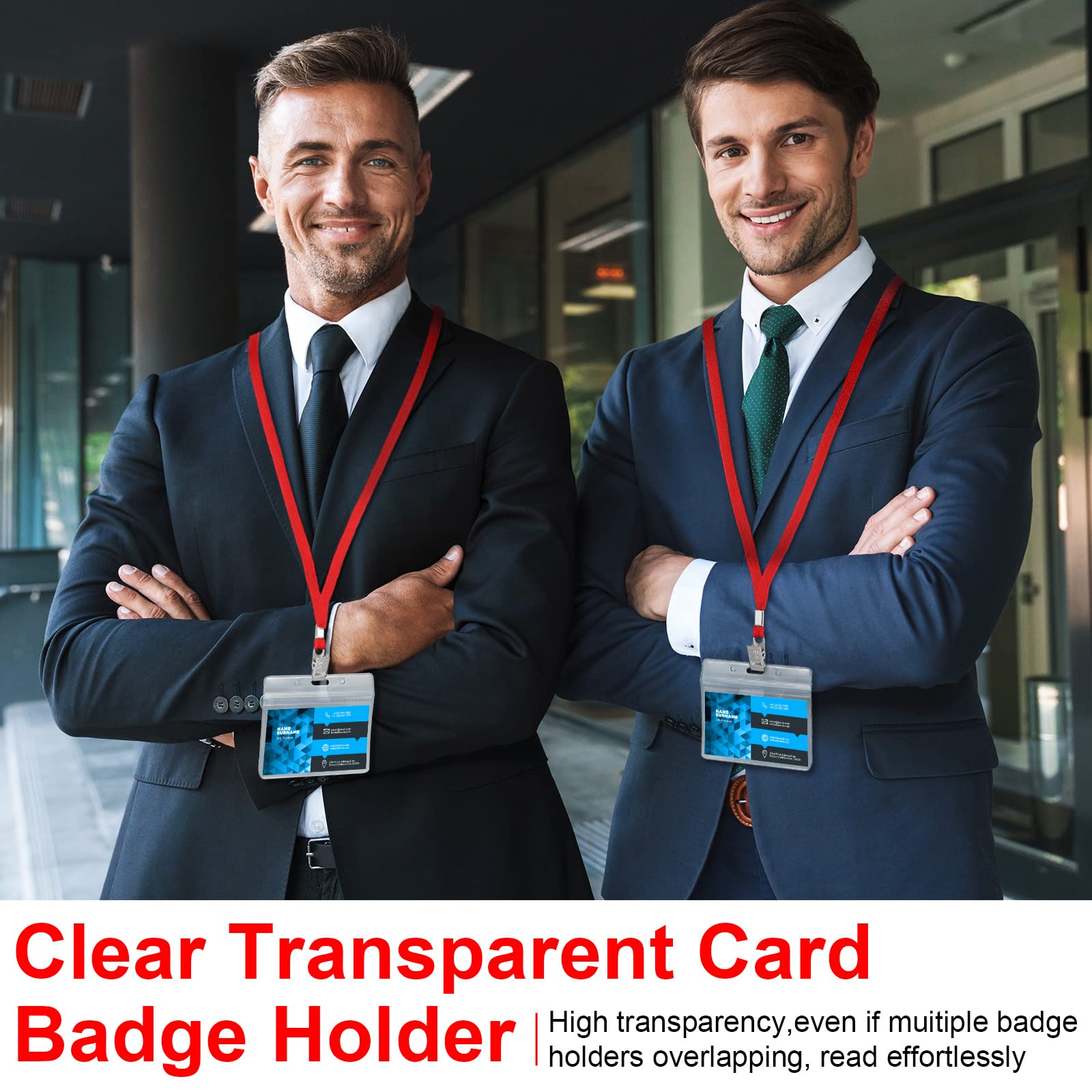 Marspark 100 Sets Clear Name Tags with Lanyard, Lanyards for ID Badges Reusable Strap with ID Holder Plastic Name Badges for Adults Business School Church Conference (Red)