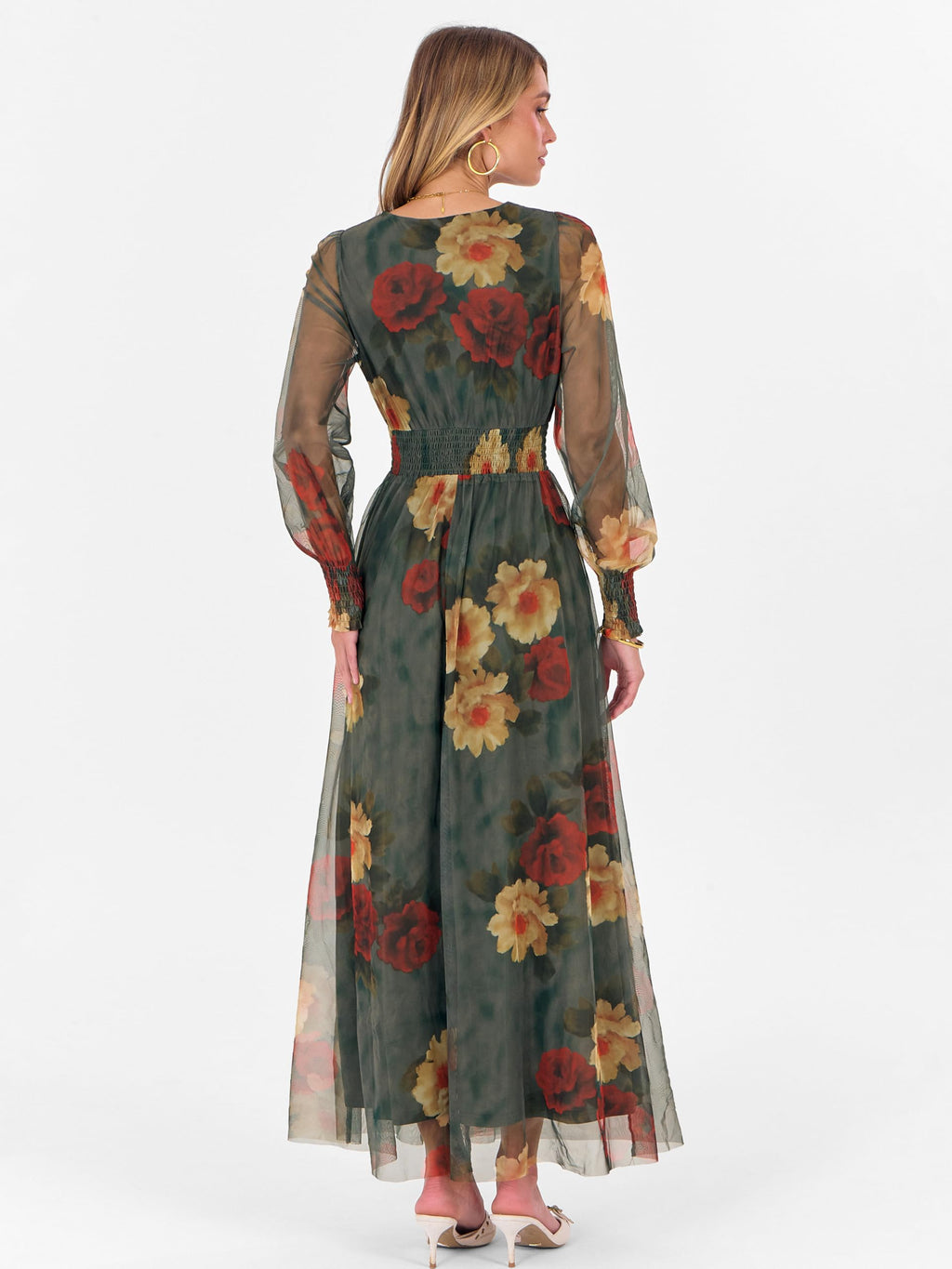 ANRABESS Women's Floral Maxi Dress 2025 Fall V Neck Puff Long Sleeve Flowy Casual Wedding Guest Tea Party Tulle Dresses Red and Yellow Rose M