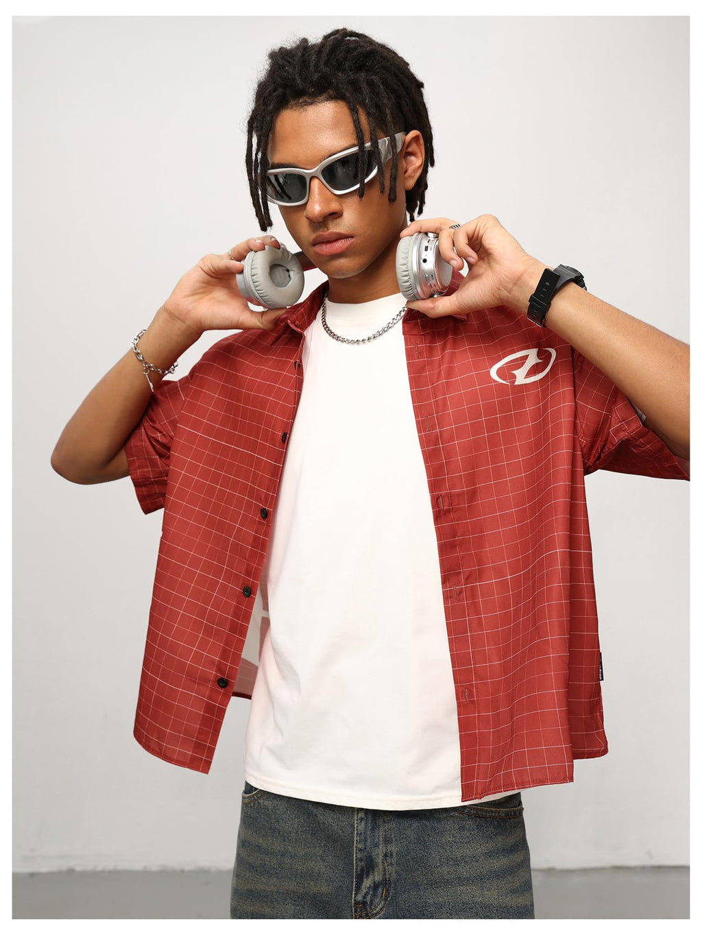 VIPWOLF Men's Gingham Cropped Shirt Oversized Baggy Short Sleeve Collared Button Up Plaid Boxy Streetwear Tees Tshirts Red Large