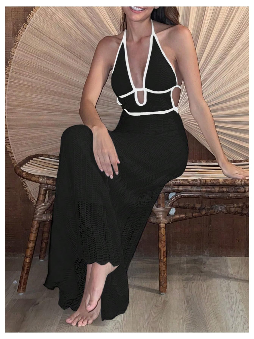 GORGLITTER Women's Deep V Halter Knit Boho Maxi Dress Backless Crochet Birthday Fall Wedding Guest Long Dresses Black Small