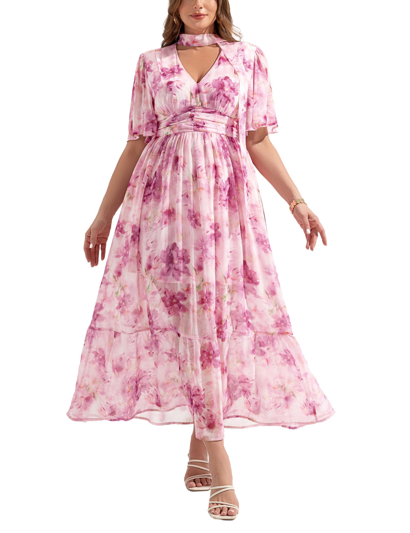 EYWOL Plus Size Wedding Guest Dress - Chiffon Floral Maxi Dress with Flutter Sleeves, Tea Party Dresses for Woman, V Neck High Waist Summer Dresses Pink
