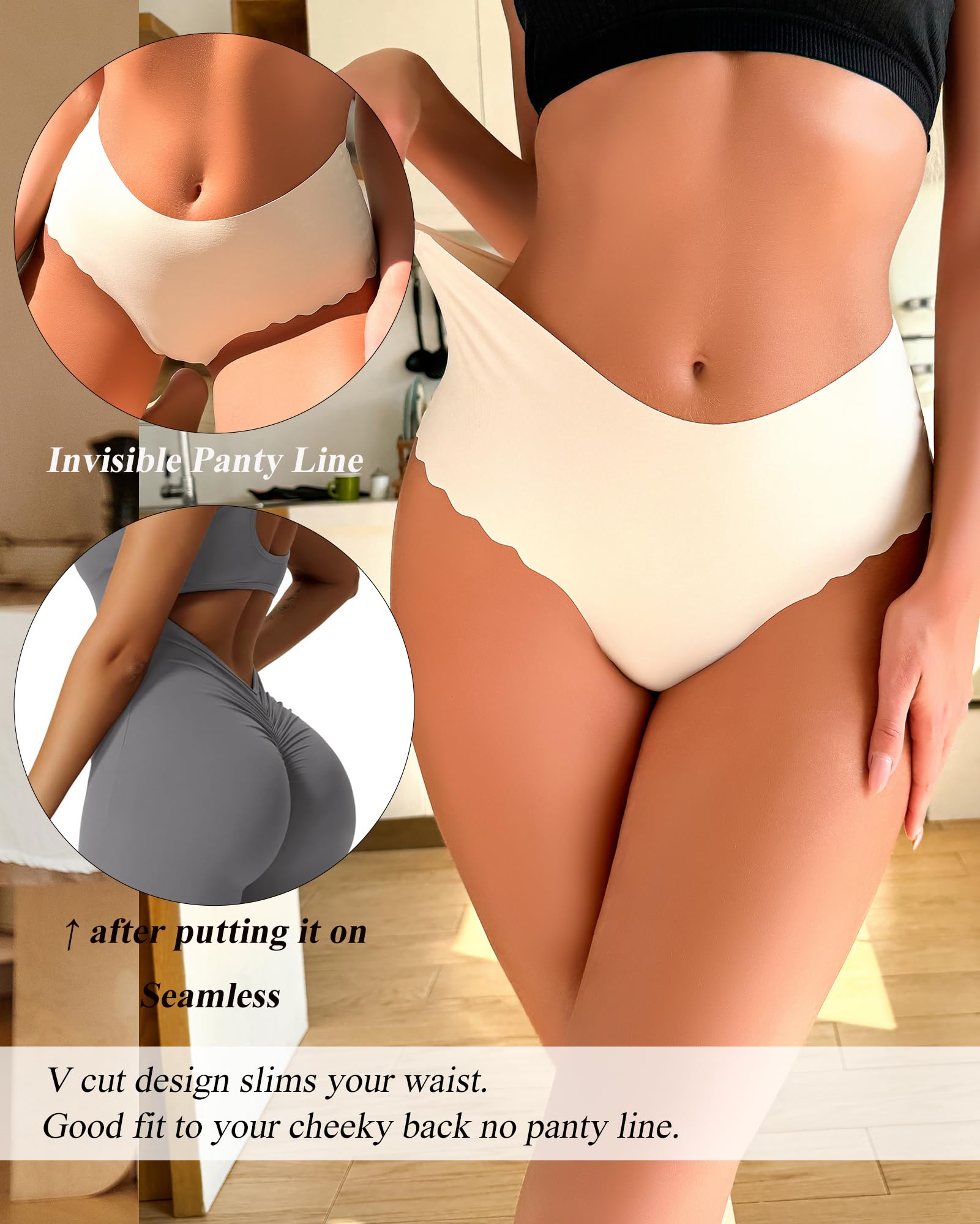 Sth Big High Waisted Seamless Underwear for Women No Show Panties Cheeky Scalloped Edge Bikini Breathable Briefs 6 Pack, Medium
