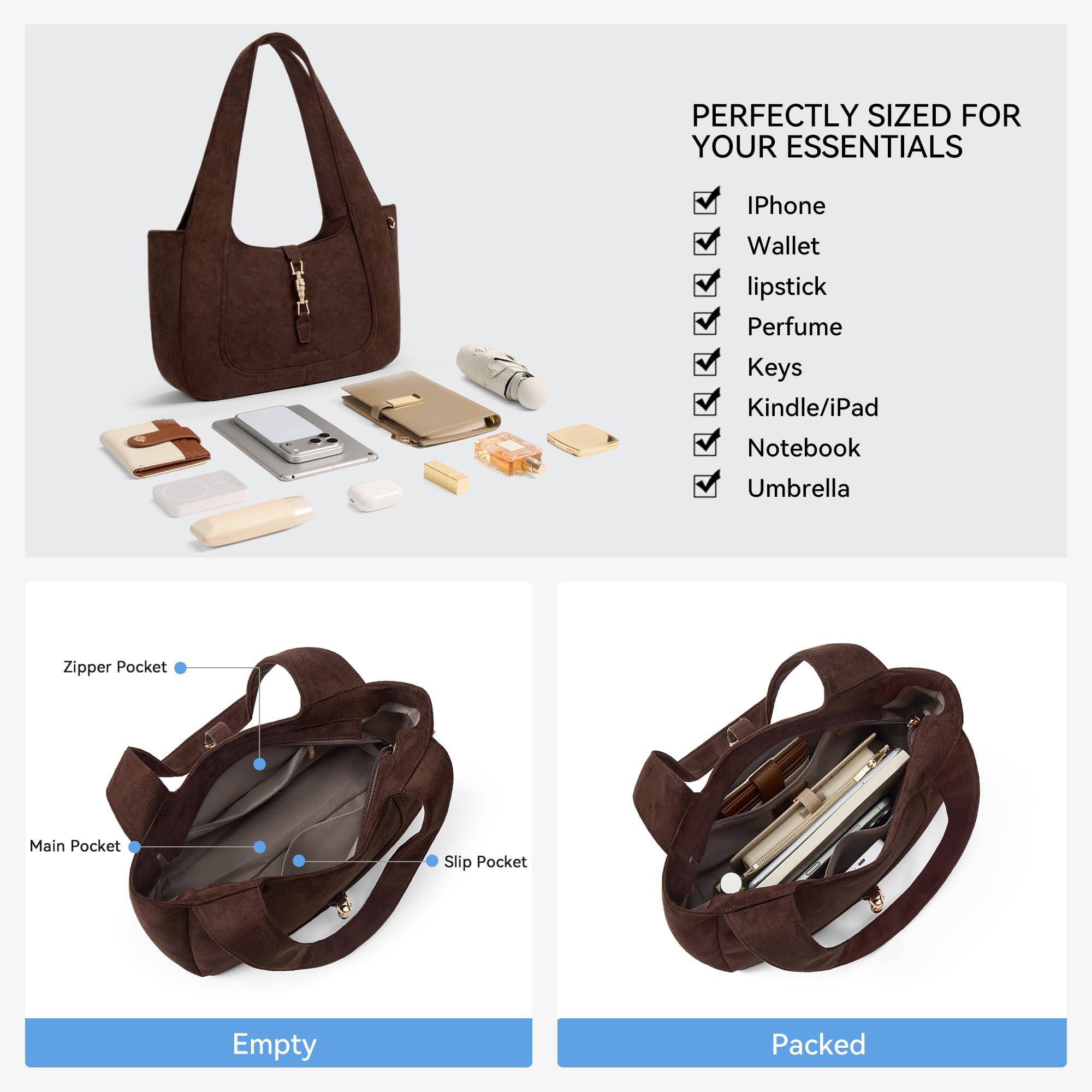 BOSTANTEN Vintage Shoulder Bag for Women Suede Leather Tote Bag Ladies Lightweight Dumpling Handbag for Work Date Travel