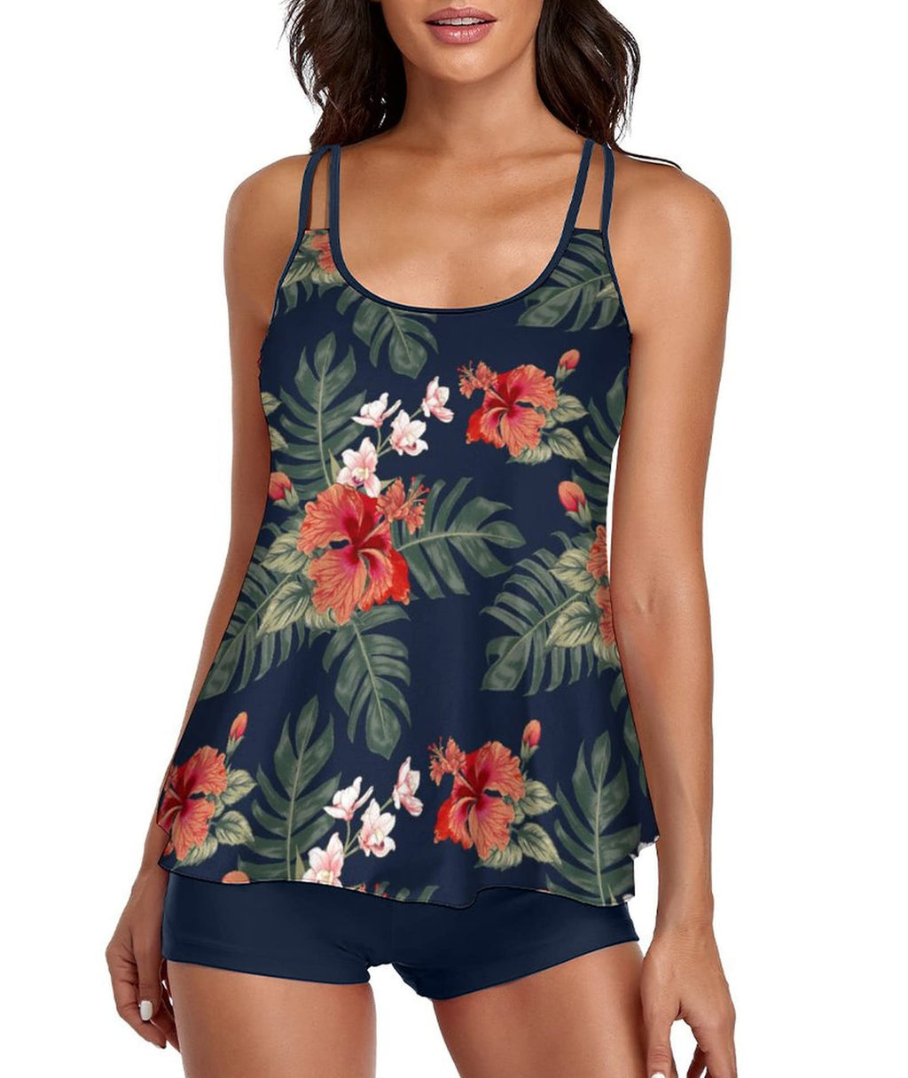 Stylish Swim Suits for Women Slimming Tankini Set Adjustable Straps 2 Piece Swimwear Tropical Hawaii Beach Pool Party Photoshoot Flattering Hides Belly Perfect for Vacation Tropical Navy XXL