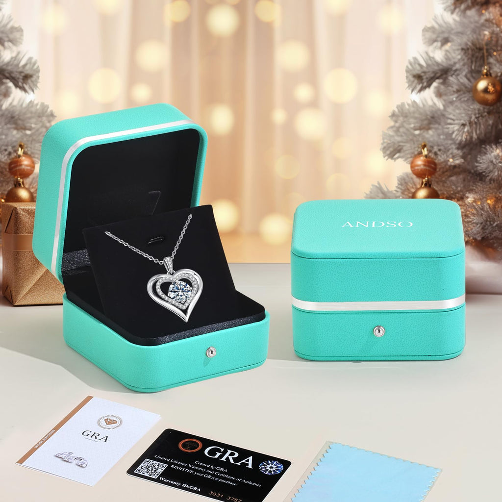 Valentine's Day Gift Moissanite Heart Pendant Necklaces for Women, 925 Sterling Silver Necklace Engraved with 'I LOVE YOU', Ideal Anniversary Birthday Jewelry Gifts for Mom Wife Girlfriend Daughter Her