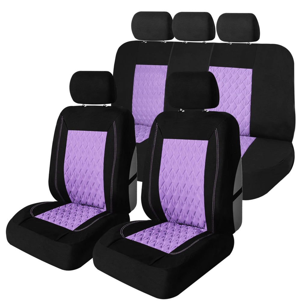 Universal Fit Diamond Stitched Flat Cloth Car Seat Covers Full Set - Purple