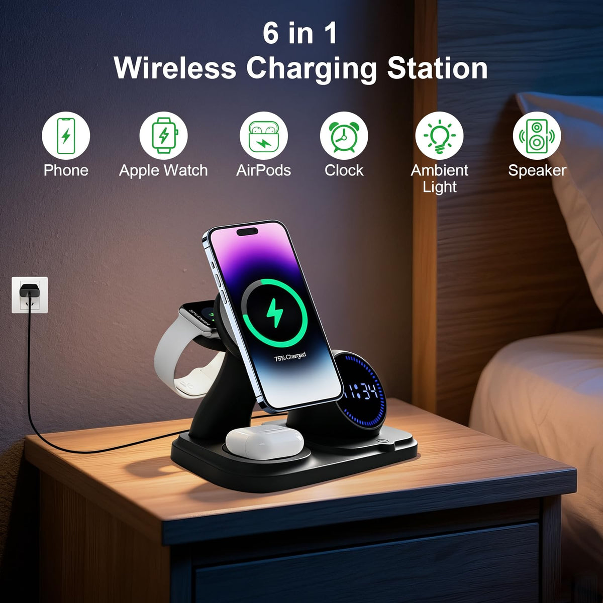 6-in-1 Wireless Charging Station with Bluetooth Speaker,Digital Clock and Ambient Lights,Fast Wireless Charger for Multiple Devices for Apple - iPhone 17 16 15 14 13 12 Pro Max Apple Watch Airpods