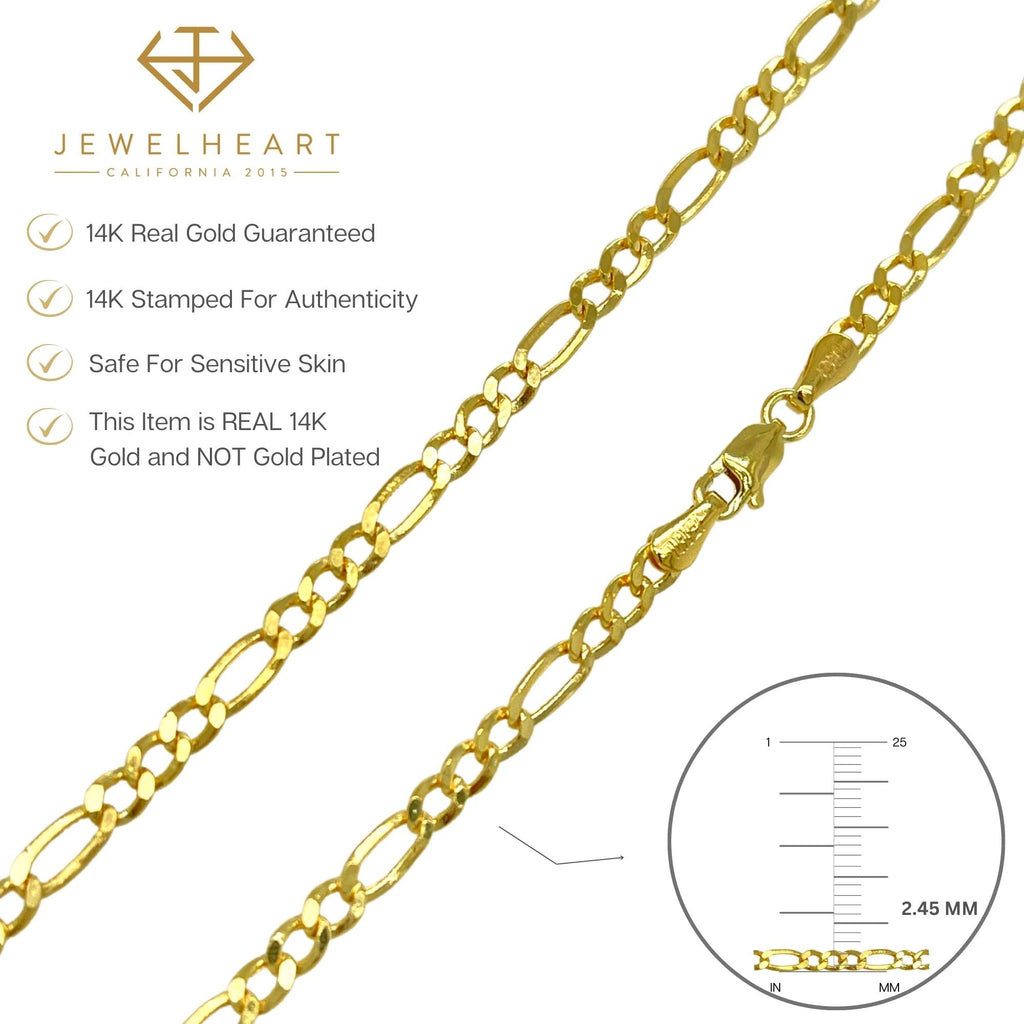 JEWELHEART 14K Real Gold Figaro Chain - 2.45mm Diamond Cut Cuban Link Figaro Necklace For Men - Dainty Yellow Gold Pendant Necklace For Women with Lobster Clasp 24"