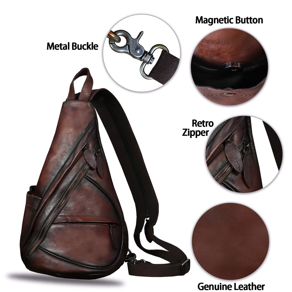 IVTG Genuine Leather Sling Bag for Men and Women Vintage Sling Backpack Shoulder Crossbody Bag Chest Bag for Ipad (LightCoffee)