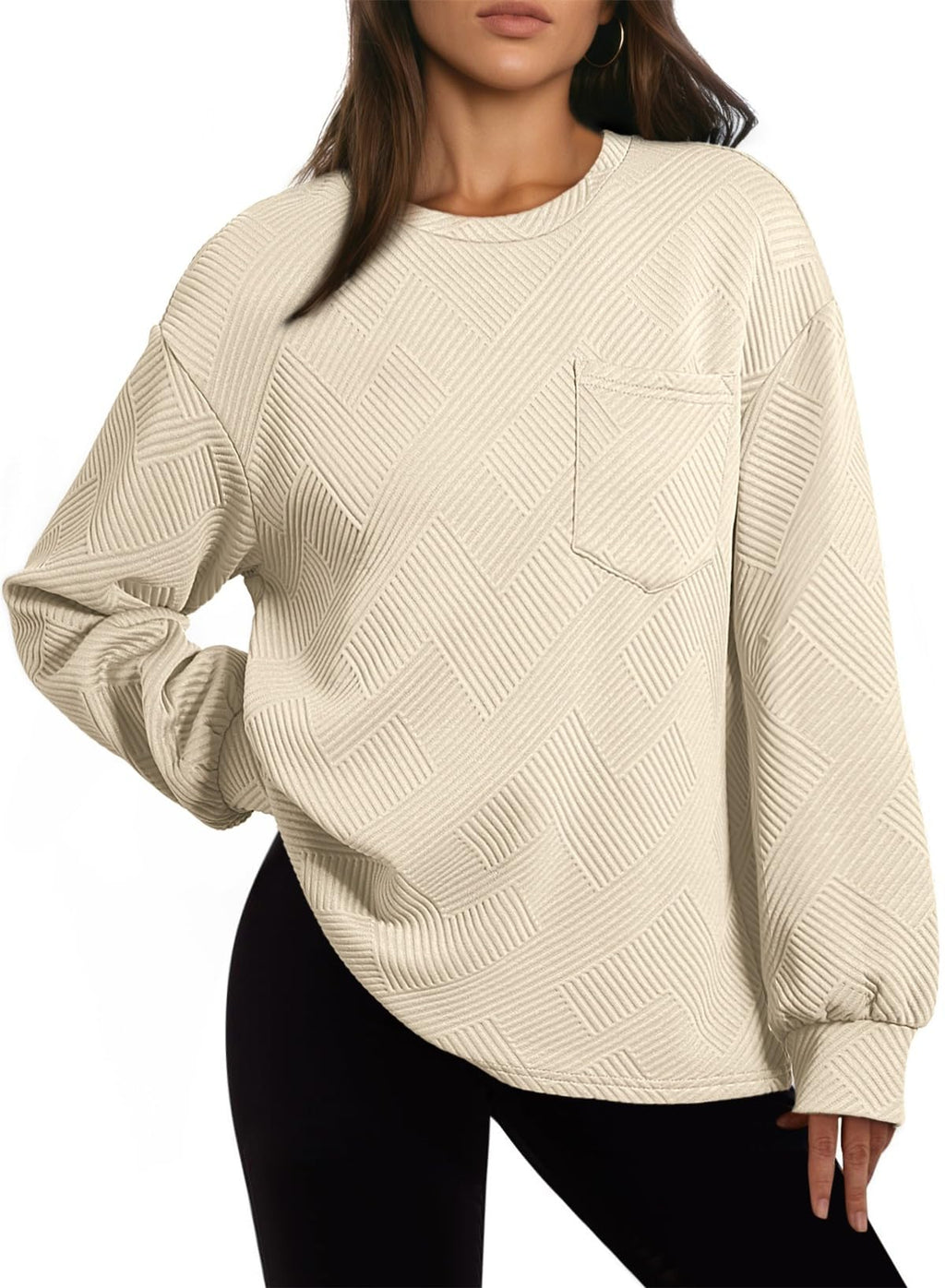 Dokotoo Womens Tops Long Sleeve Crew Neck Sweatshirt Loose Fit Spring Cute Pullover Tunic Tee Plus Size Shirts 2025 Fall Fashion Business Casual Blouses Tops with Pocket Beige Medium