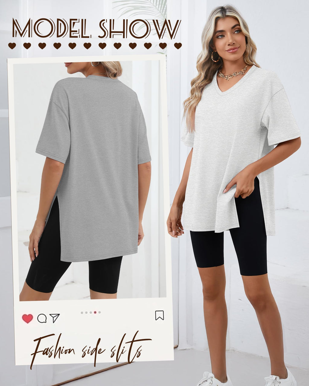 Huukeay 3 Pack Oversized Shirts for Women V Neck Workout T Shirt Casual Side Split Tee Short Sleeve Loose Tops Tunic Tops(Black, White, Gray,X-Large)