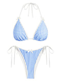 ZAFUL Bikini Sets for Women Halter Bow Decor Tiny Floral Gingham Print Swimsuit Tie Side 2 Pieces Bathing Suit (2-a-Sky Blue, M)