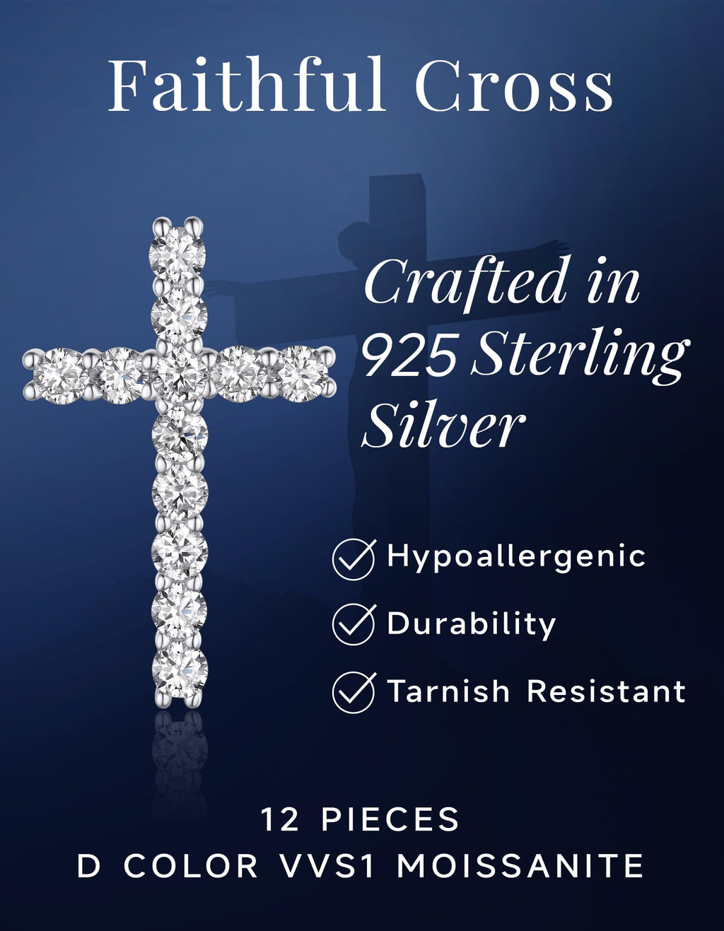 MomentWish Cross Necklace, Christian Gifts for Women, 1.2 Carat Moissanite Cross Pendant, 925 Sterling Silver Necklaces Religious Anniversary Birthday Gifts for Women-Classic