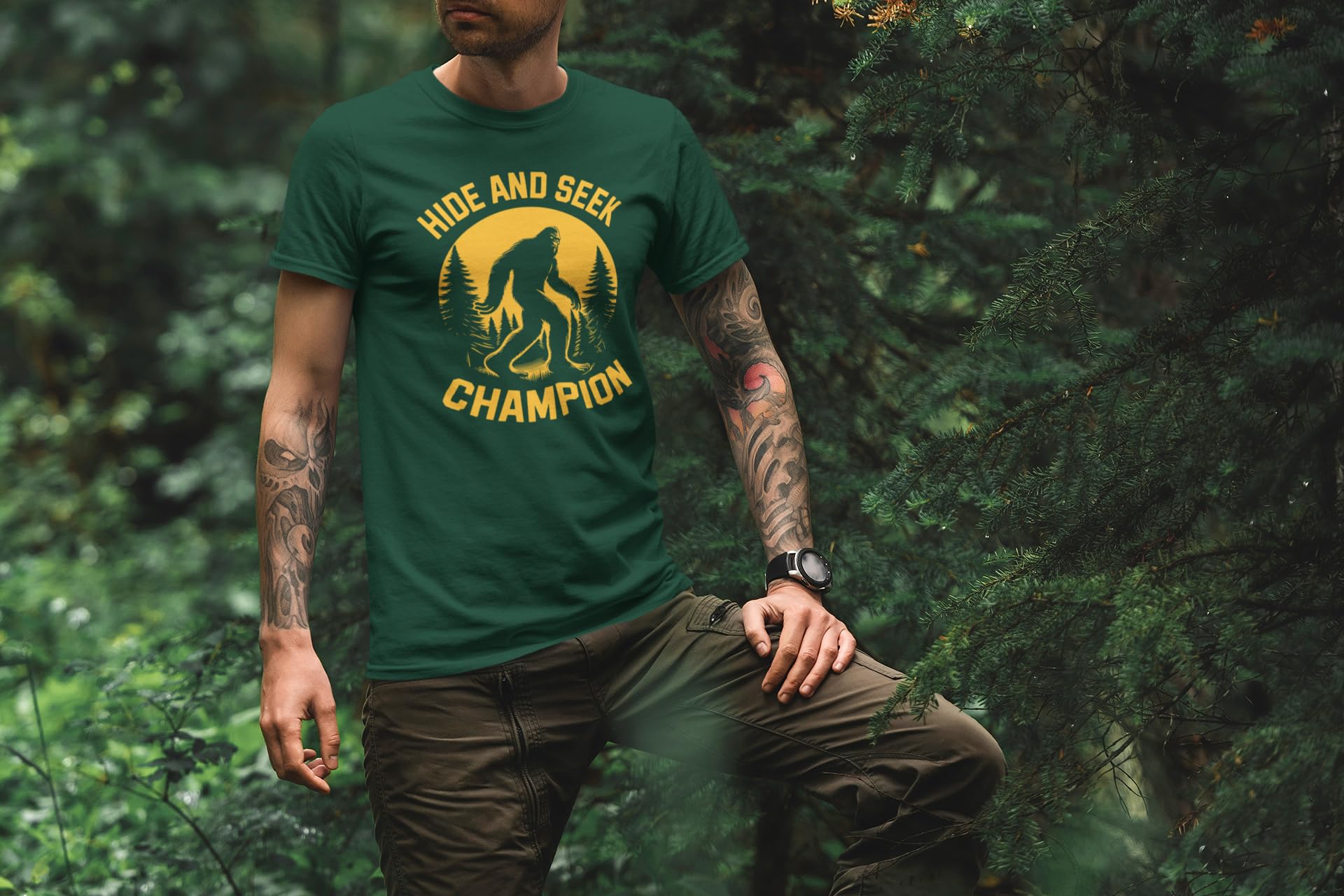 TeeUnion Hide and Seek Champion T-Shirt – Funny Bigfoot Graphic Sarcastic Tee for Men Forest Green