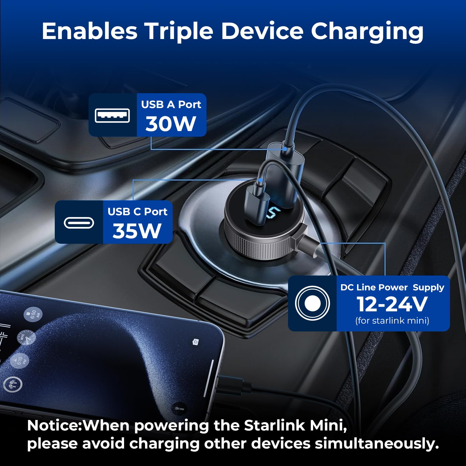 Starlink Mini Cable, 3 in 1 Starlink Mini Car Charger DC Power Cable+ Cigarette Lighter Adapter 12V-48V with Digital Display, Durable USB C PD 40W and USB A 35W Ports for Trucks and Cars (10FT)