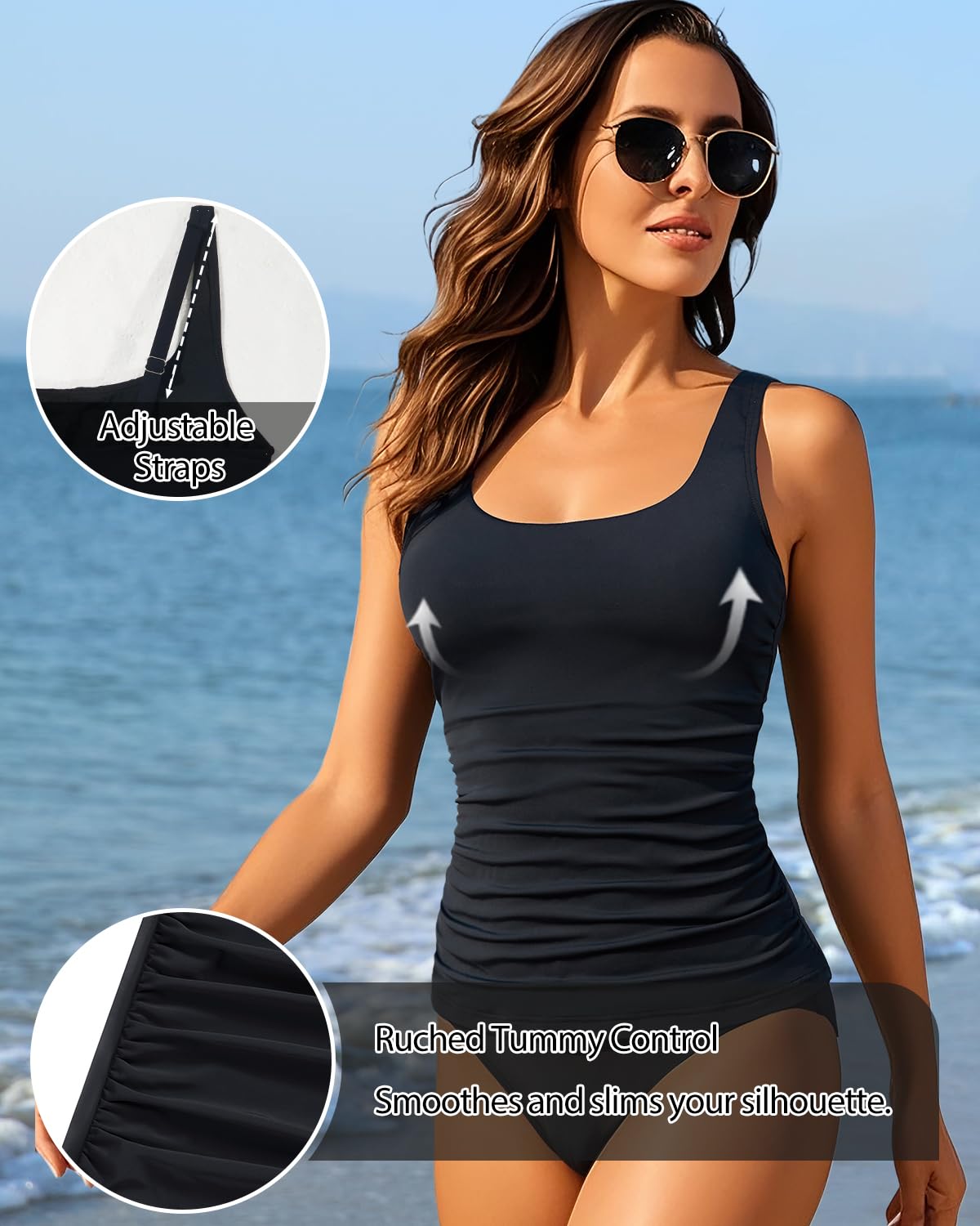 Aqua Eve Tankini Tops for Women Swimwear Top Only Tummy Control Bathing Suit Top No Bottom (Available in Plus) Black L