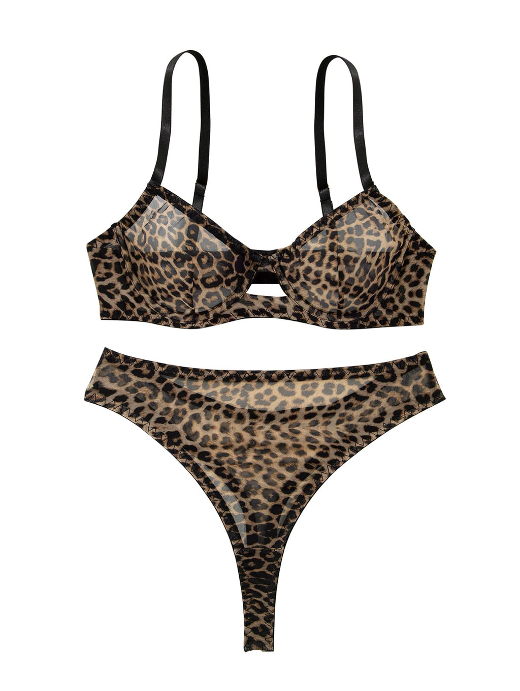 Lilosy Sexy Mesh Sheer Underwire Push Up Lingerie Set Women Cheetah See Through Bachelorette Bra Panty 2 Piece Leopard Medium