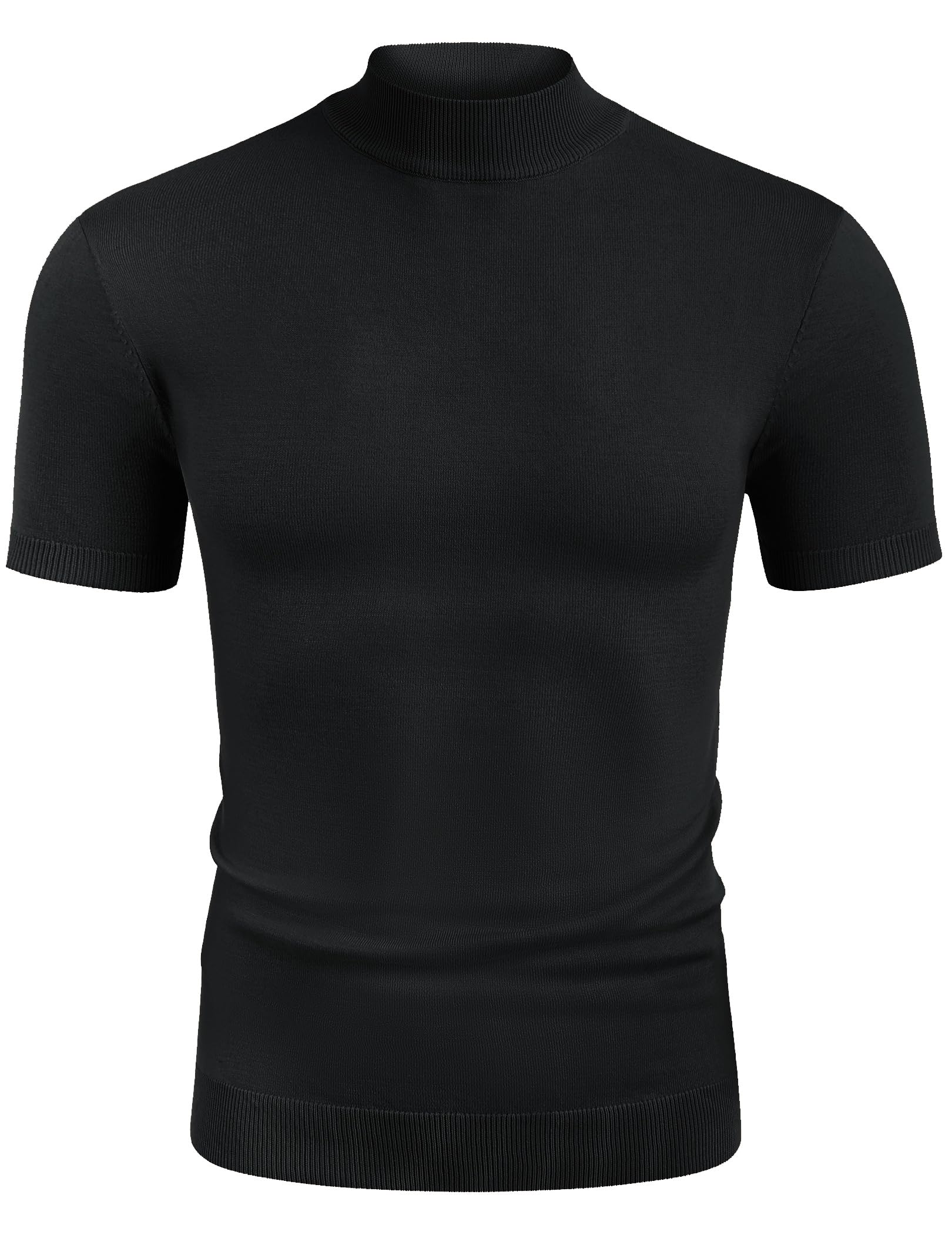 COOFANDY Mens Mock Neck Sweater Short Sleeve Black Turtleneck Pullover Sweater Fashion Slim Fit Knitted Thermal Underwear Tops All Black Small