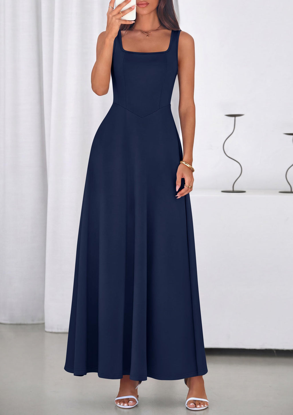 PRETTYGARDEN Womens Summer Dresses 2026 Sleeveless Elegant Square Neck Aline Swing Maxi Beach Wedding Guest Dress Pockets (Navy,Medium)