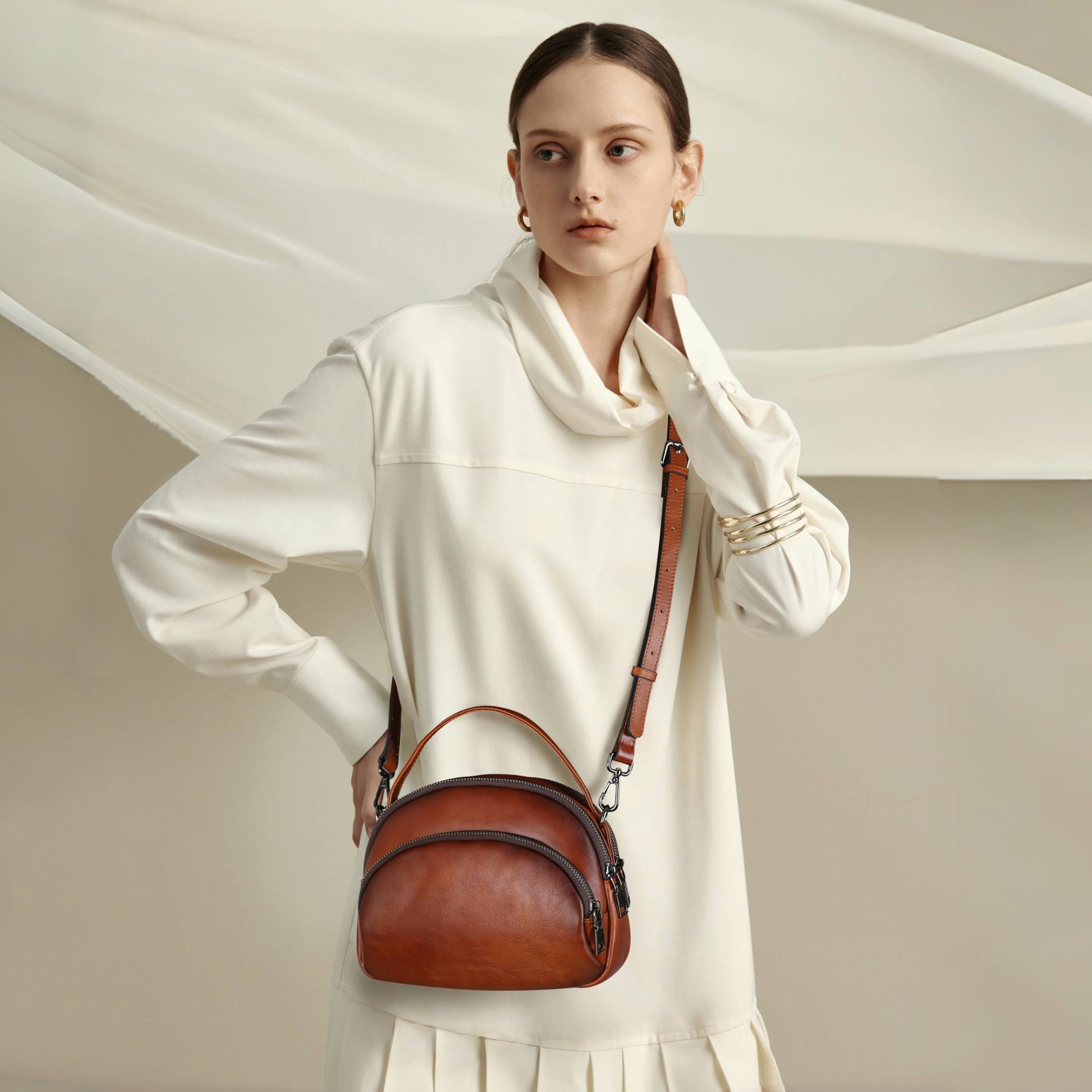 HESHE Genuine Leather Crossbody Bags Leather Purses for Women Vintage Small Shoulder Handbags with Multi-Pockets (Wine)