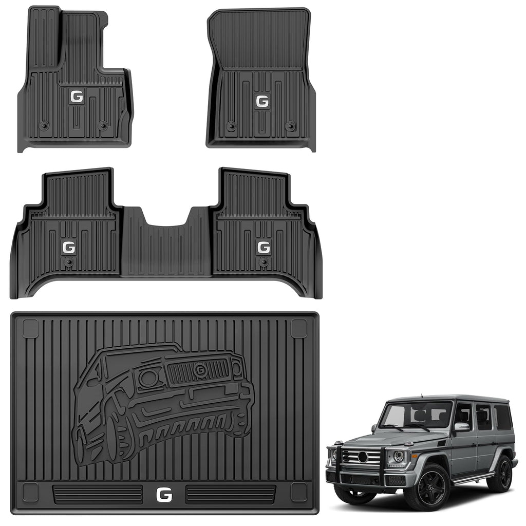 3W Floor Mats&Cargo Liner Fit for 2019-2024 2025 Mercedes-Benz G Class SUV TPE All Weather Custom Fit for G500/G550/G580/AMG G63 1st & 2nd Row with Trunk Mat Full Set Car Mats, Black