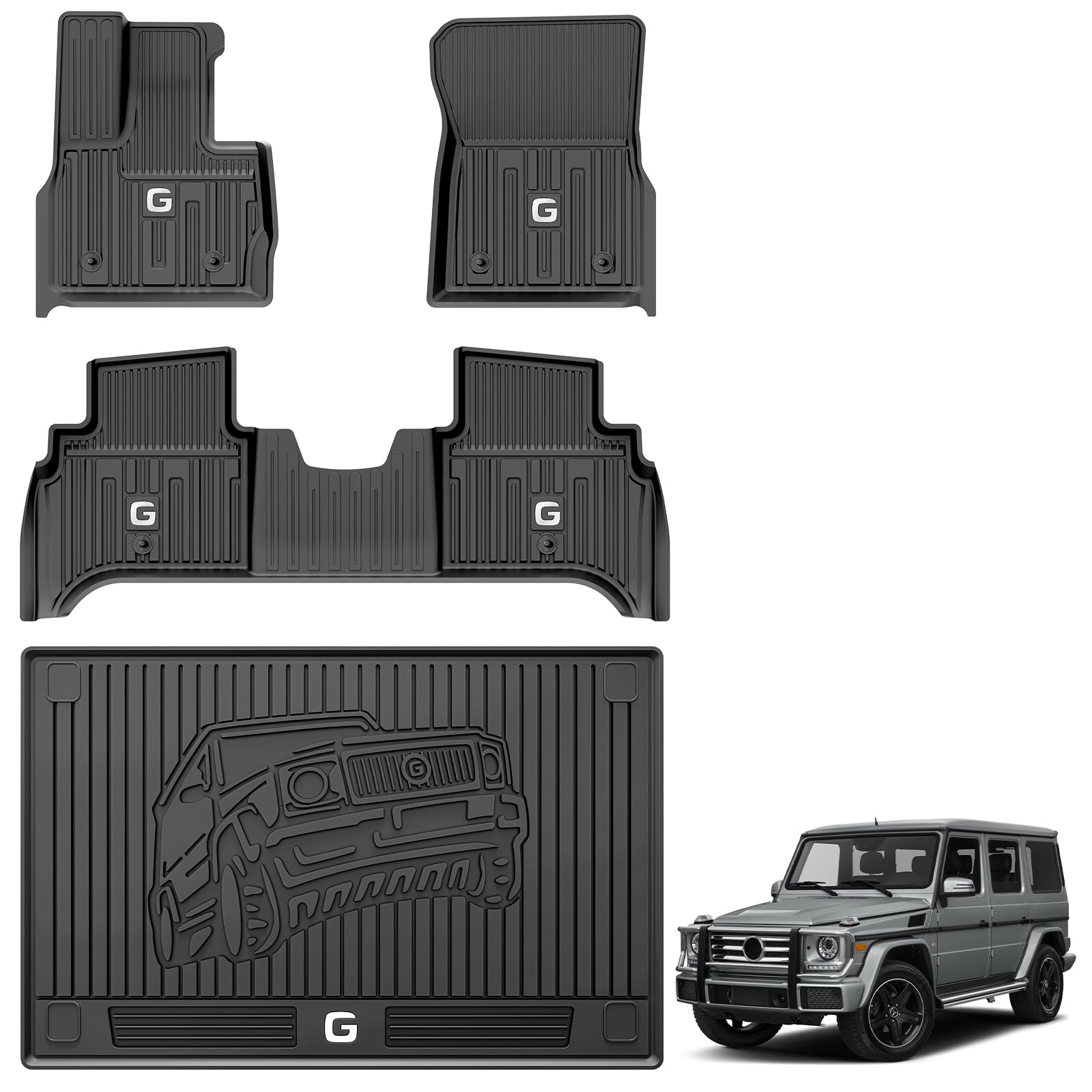3W Floor Mats&Cargo Liner Fit for 2019-2024 2025 Mercedes-Benz G Class SUV TPE All Weather Custom Fit for G500/G550/G580/AMG G63 1st & 2nd Row with Trunk Mat Full Set Car Mats, Black