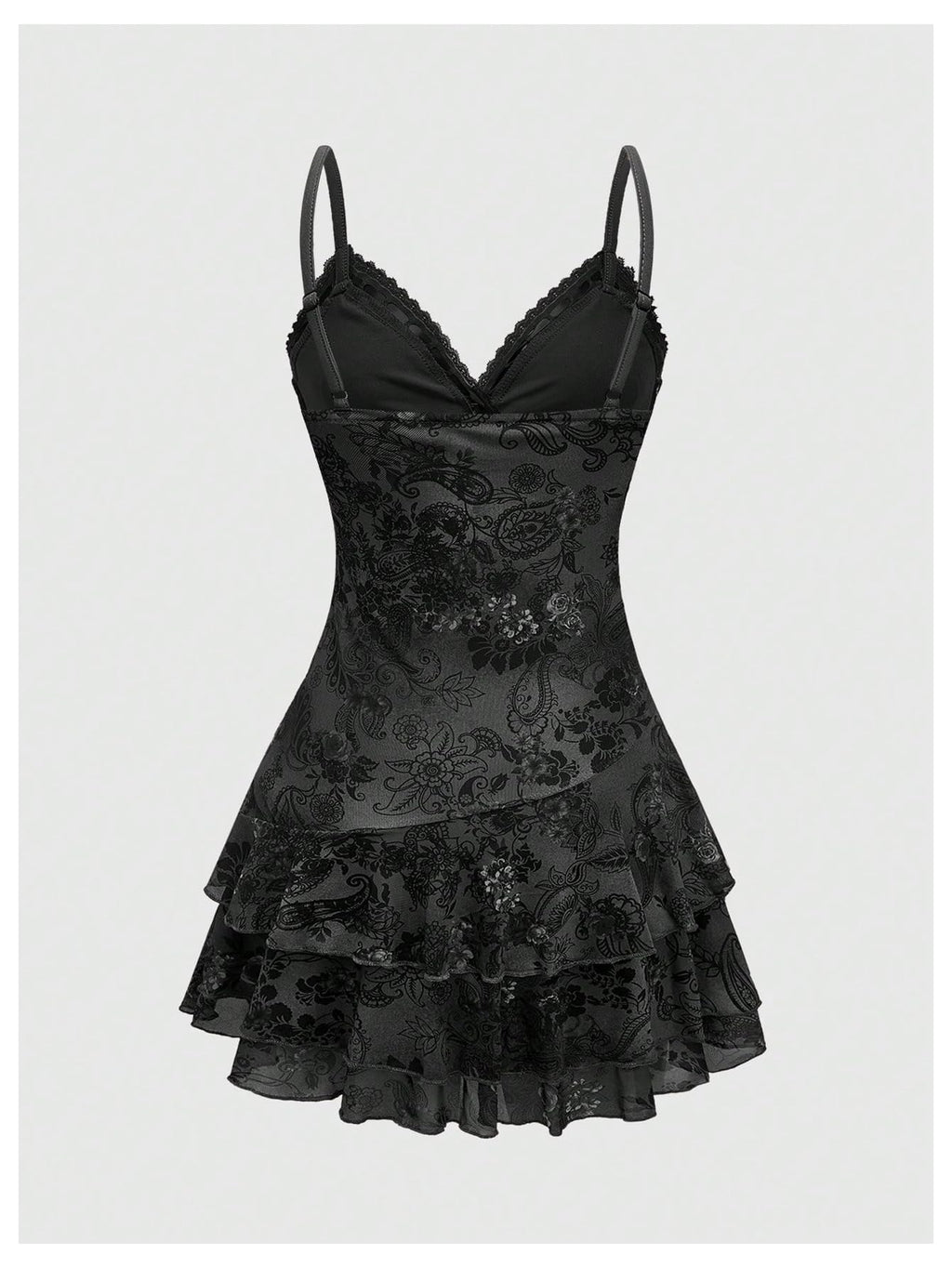 Verdusa Women's Y2k Outfits Gothic Dresses Vintage Boho Beaded Ruffle Lace Paisley Print Tiered Mini Summer Dress Black Medium