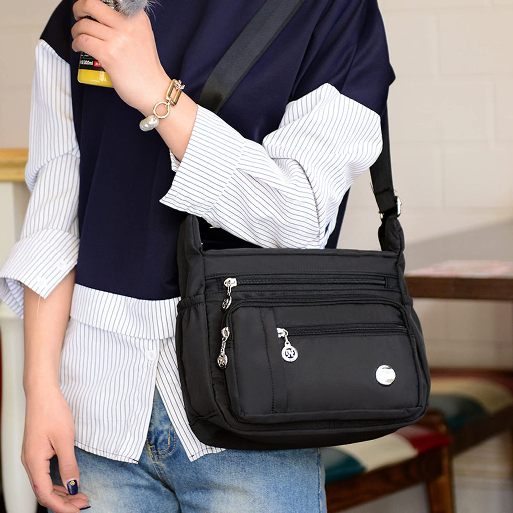 Blostirno Women's Crossbody Bag Nylon Waterproof Shoulder Handbags Purses Travel Bags with Muitipockets Black L