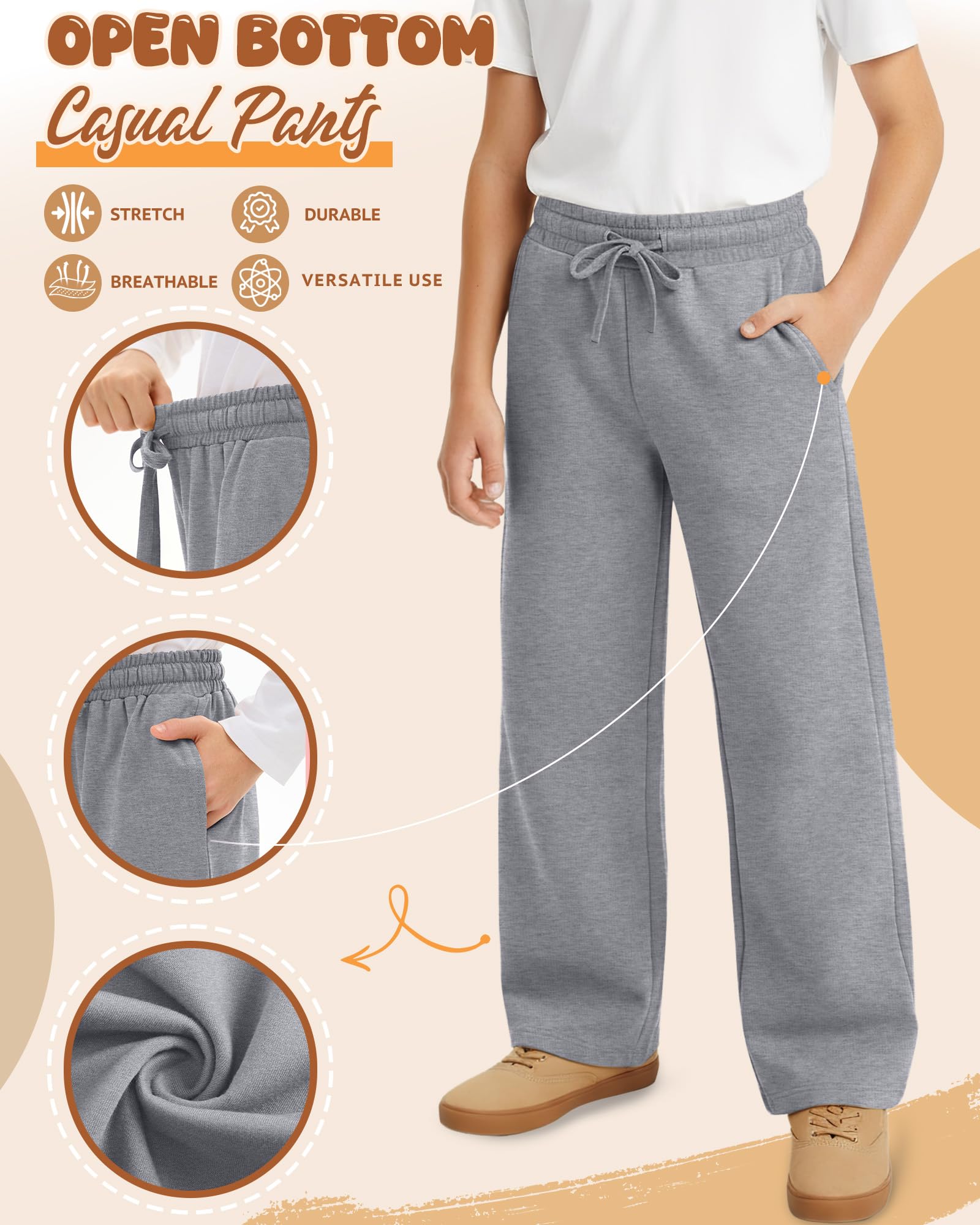 LessonZoo 4 Pack Boys Baggy Sweatpants Straight Leg Open Bottom Casual Pants Basic Elastic Waist Athletic Kids Joggers(Dark Gray, Light Gray, Gray, Black,Large)