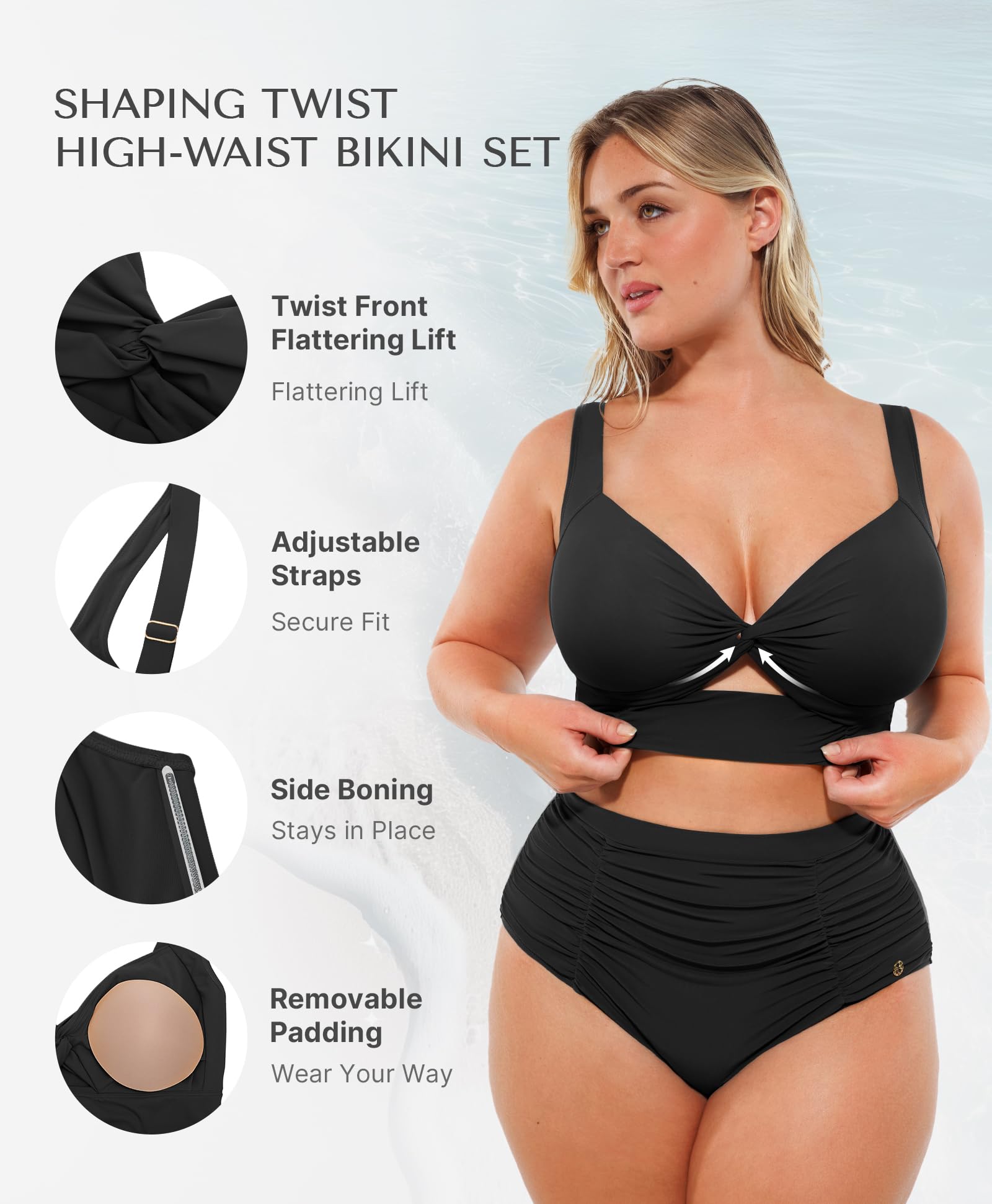 SHAPELLX Plus Size Tummy Control Bikini High Waisted Swimsuit for Women Twist Front Two Piece Bathing Suit Ruched Bikini Sets (Black, 3XL)