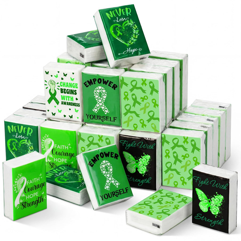 Honoson 60 Pack Mental Health Awareness Tissues Bulk Green Ribbon Mental Health Awareness Month Gifts Favor Travel Pocket Tissue for Charity Event Supplies Volunteer Activities