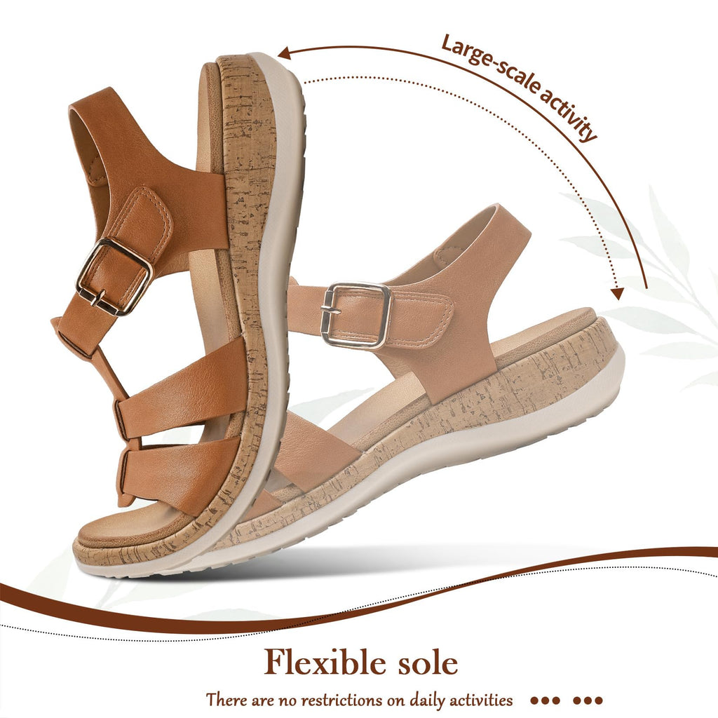 Littleplum Women's Flat Sandals– Comfortable Arch Support Womens Sandals, Summer Breathable Adjustable Orthotic Walking Shoes for Beach,Travel Brown Size 7.5
