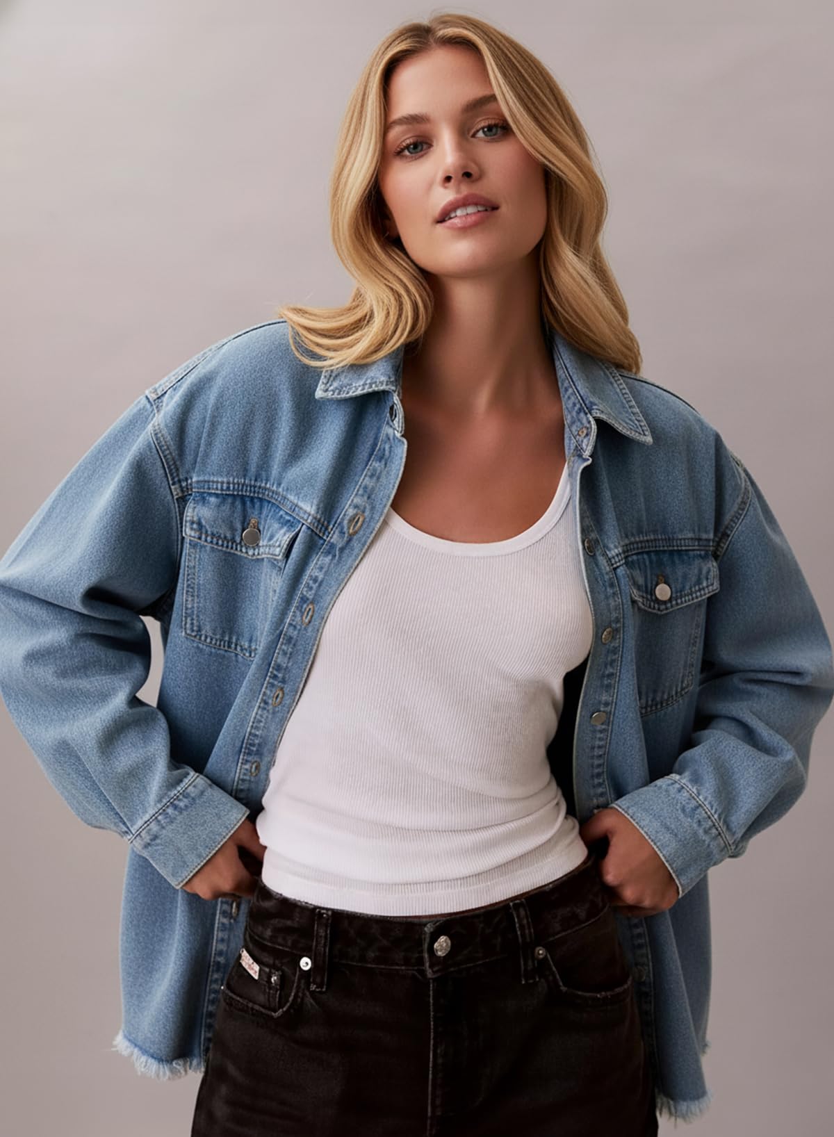 Dokotoo Womens Washed Boyfriend Oversized Lapel Button Up Long Sleeve Denim Trucker Jacket Distressed Ripped Denim Jackets Fashion Distressed Jean Jacket for Women Sky Blue S