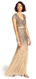 Adrianna Papell Women's Long Beaded V-Neck Dress with Cap Sleeves and Waistband, Nude, 4